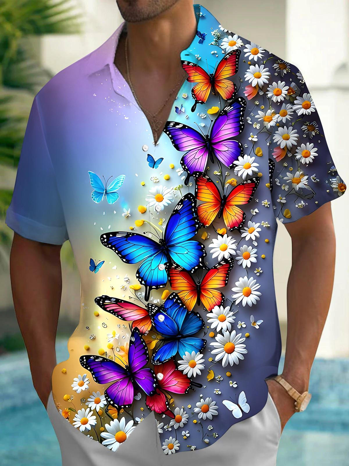 Butterfly Floral Men's Pocket Short Sleeve Shirts