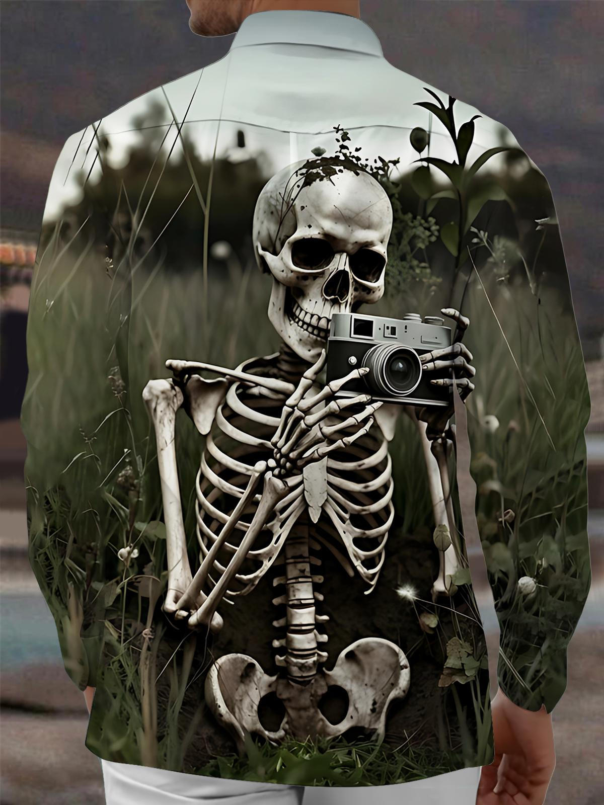 Skull Photographer Print Men's Pocket Long Sleeve Shirts