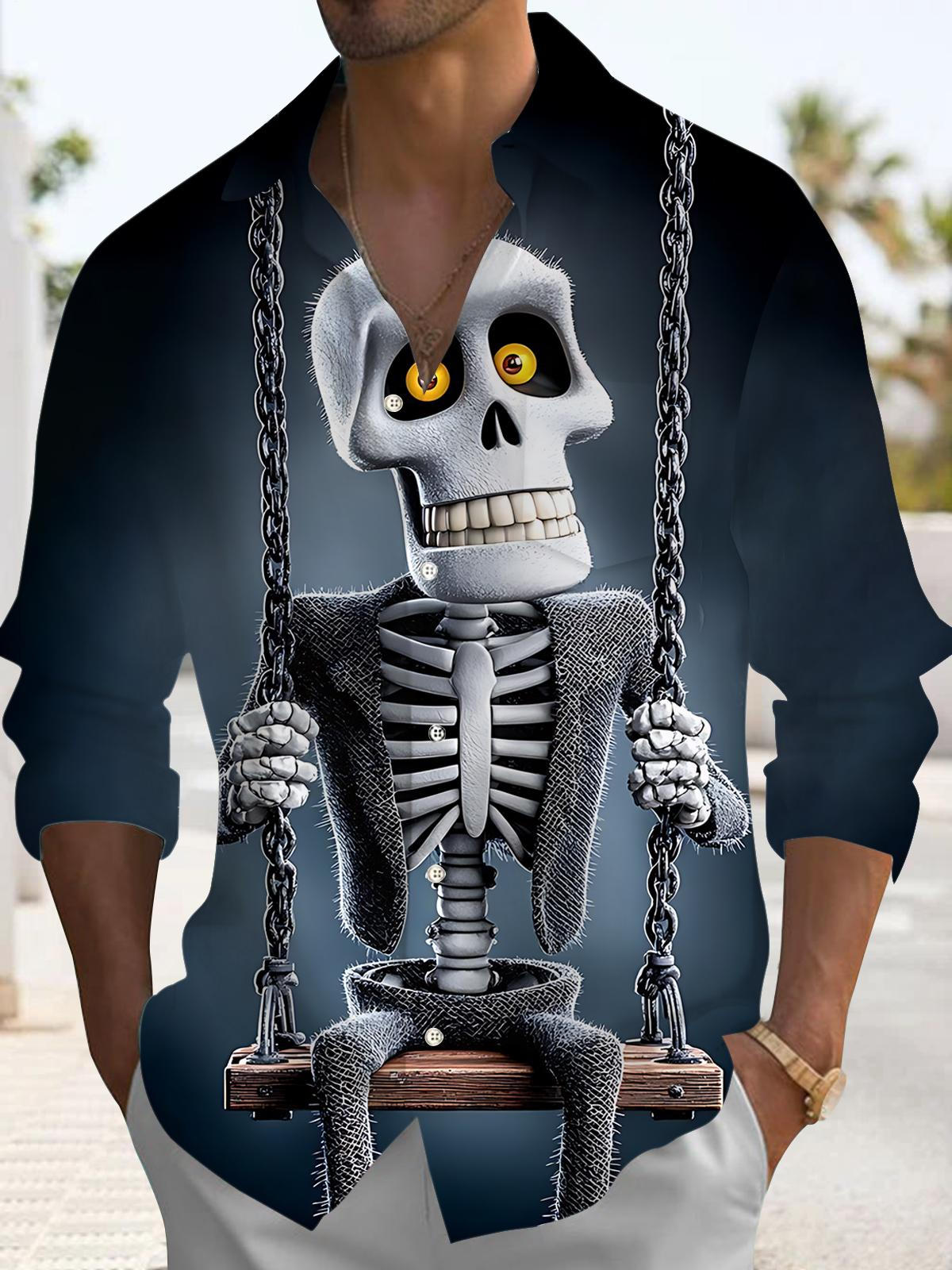 Funny Skull Swing Print Men's Pocket Long Sleeve Shirts