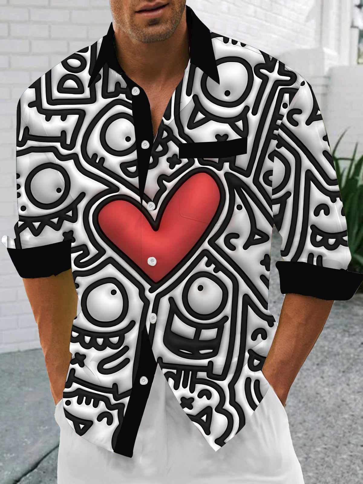 Geometric Heart Print Men's Pocket Long Sleeve Shirts