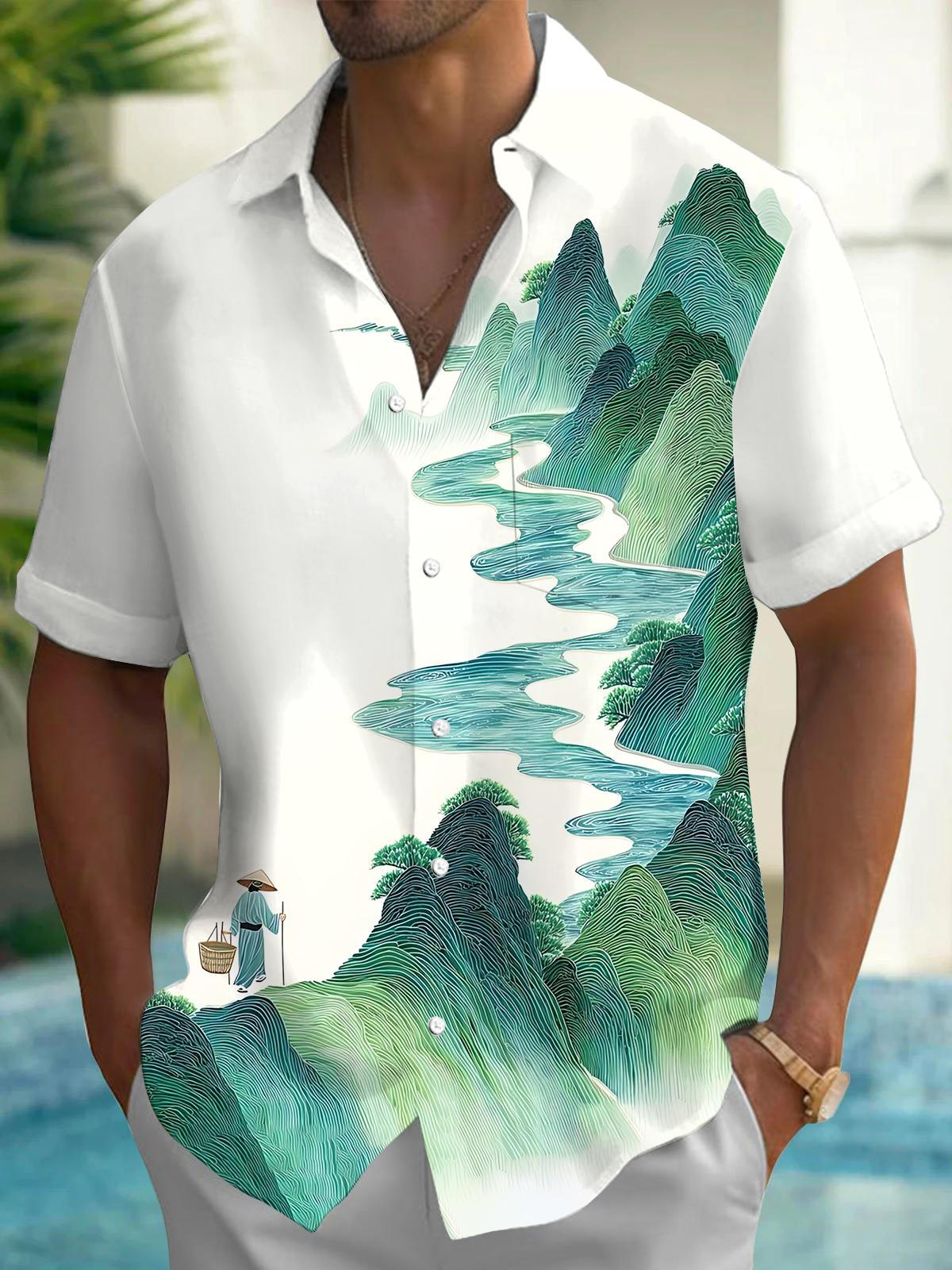 Landscape Painting Art Print Men's Pocket Short Sleeve Shirts