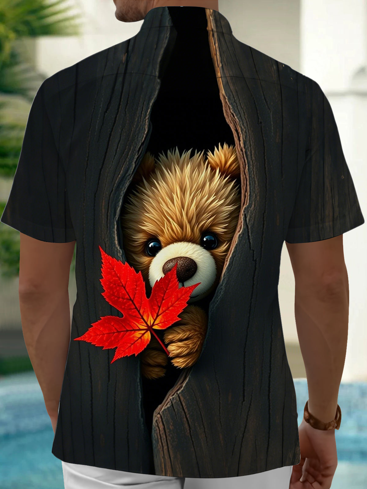 Teddy Bear Maple Leaf Print Men's Pocket Short Sleeve Shirts