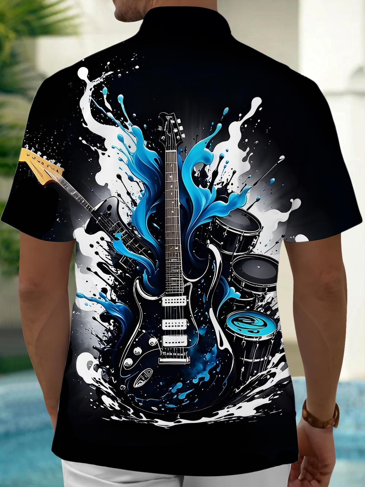 Guitar Print Men's Pocket Short Sleeve Shirts
