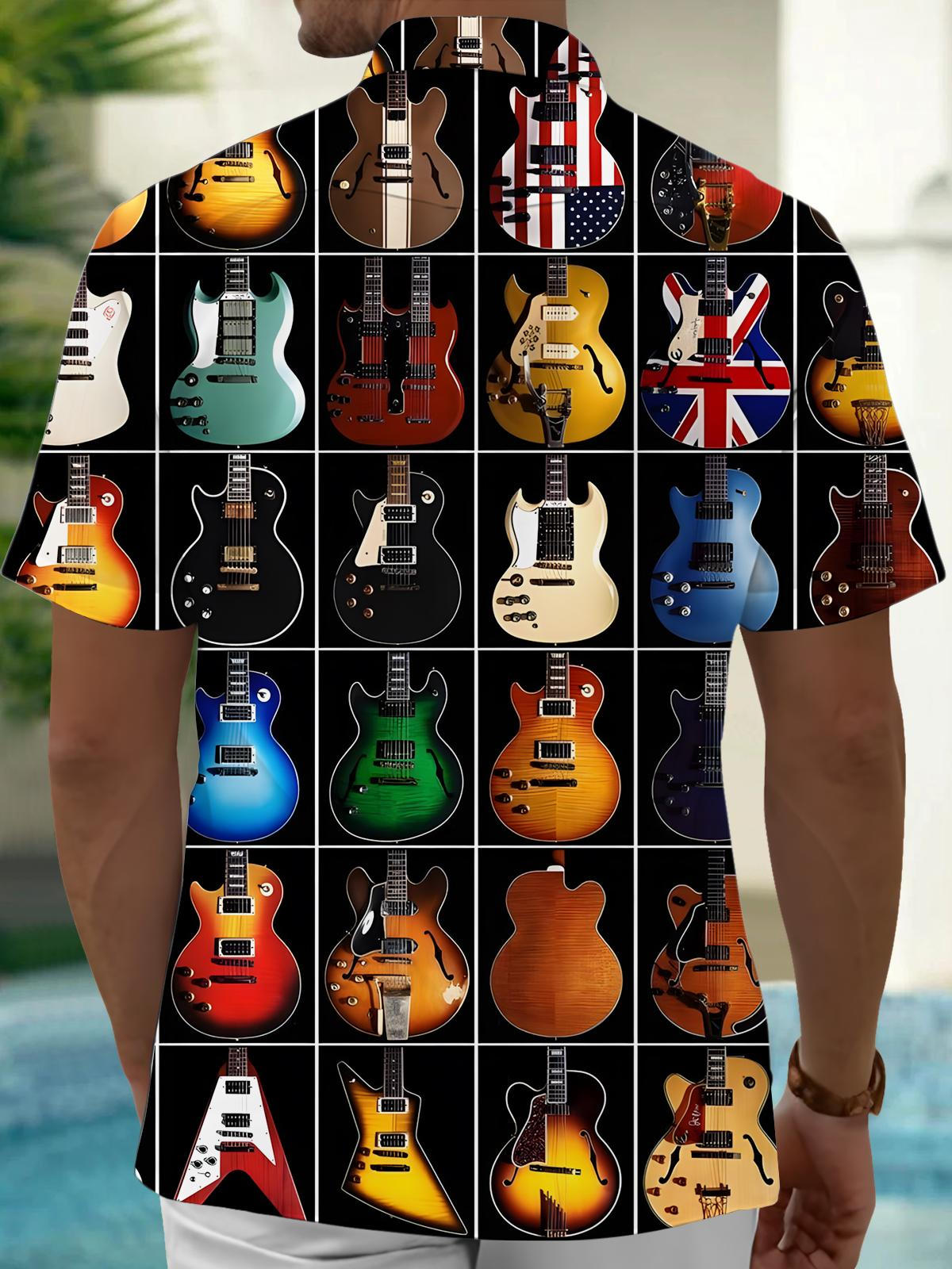 Guitar Print Men's Pocket Short Sleeve Shirts