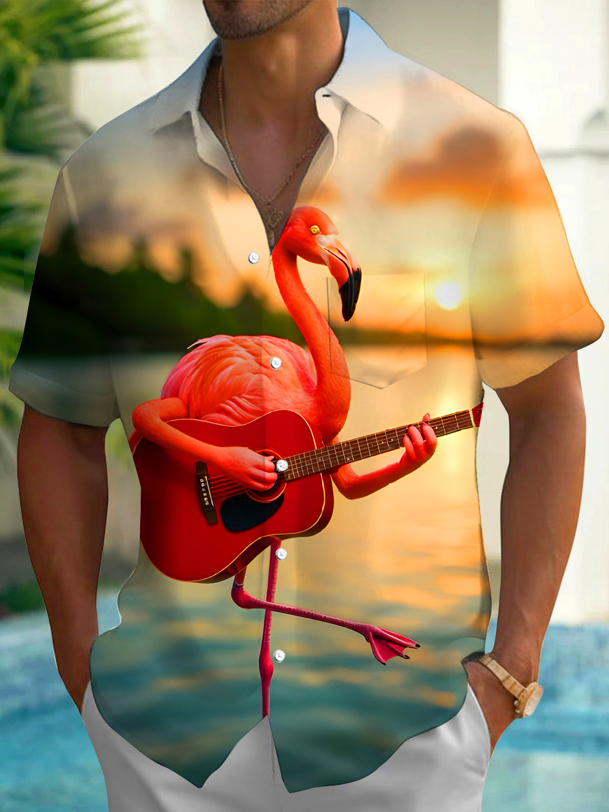 Funny Flamingo Guitar Men's Pocket Short Sleeve Shirts