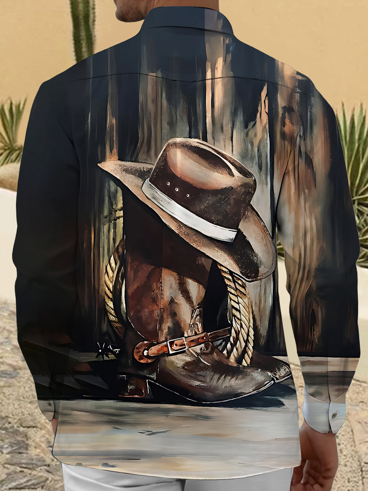 Western Cowboy Boots Print Men's Pocket Long Sleeve Shirts