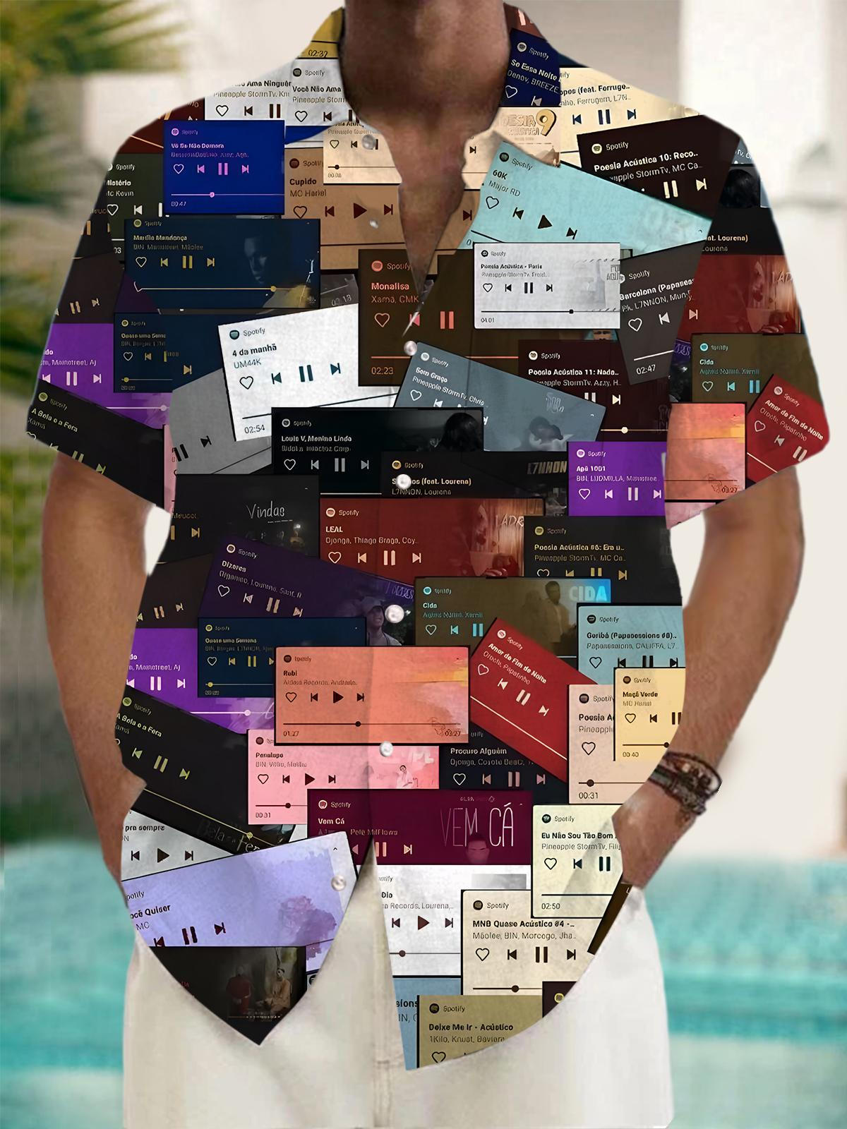 Music Print Men's Pocket Short Sleeve Shirts