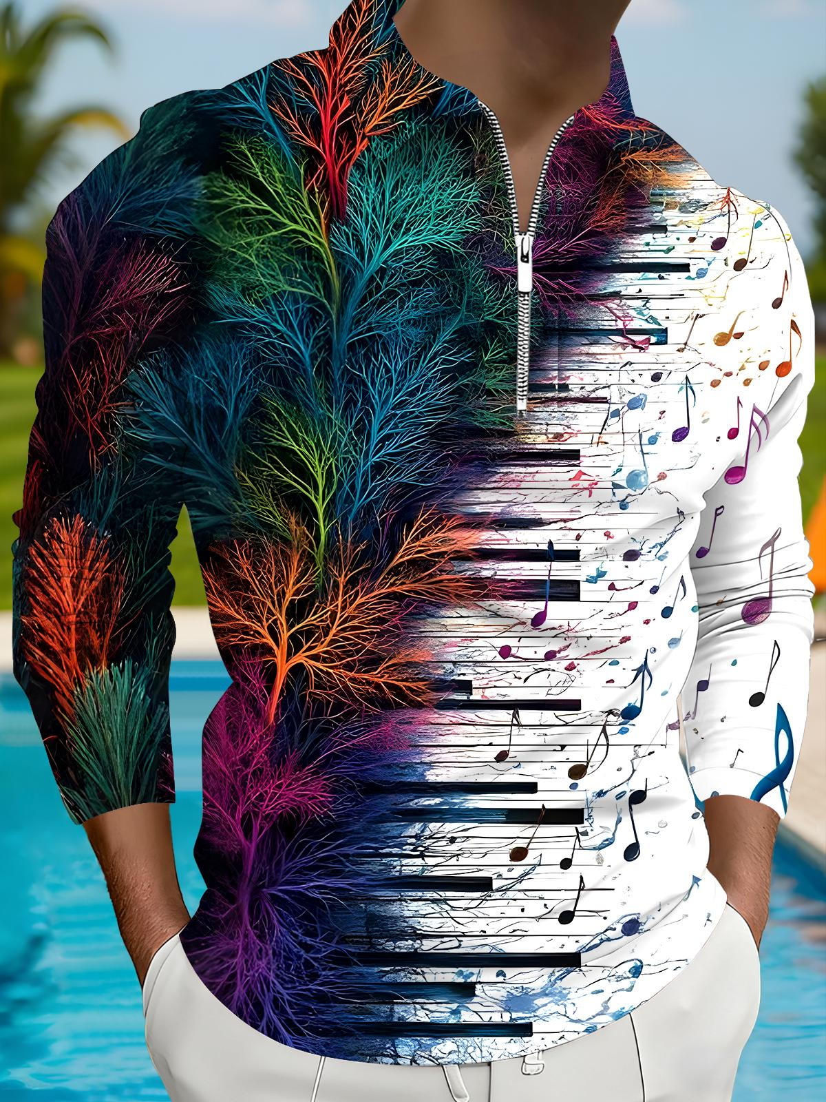 Musical Note Piano Men's Long Sleeve Zipper Polo