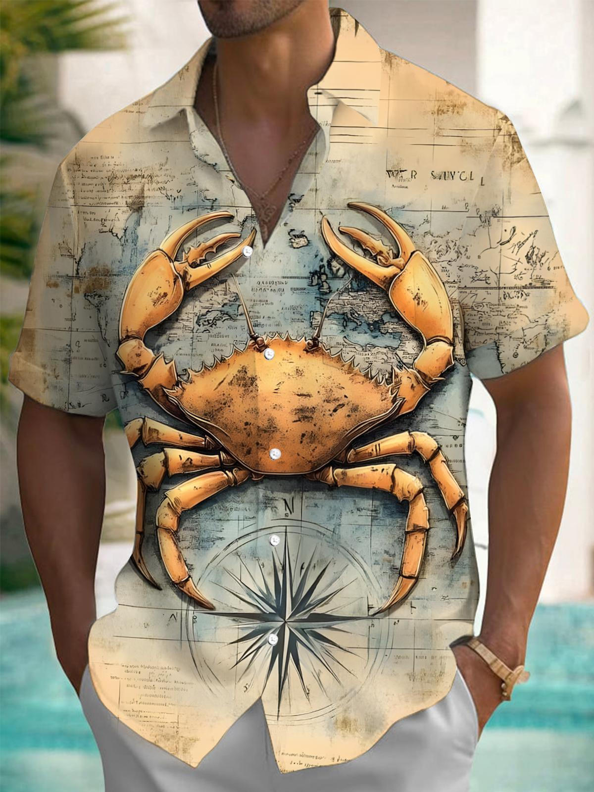 Crab Print Men's Pocket Short Sleeve Shirts