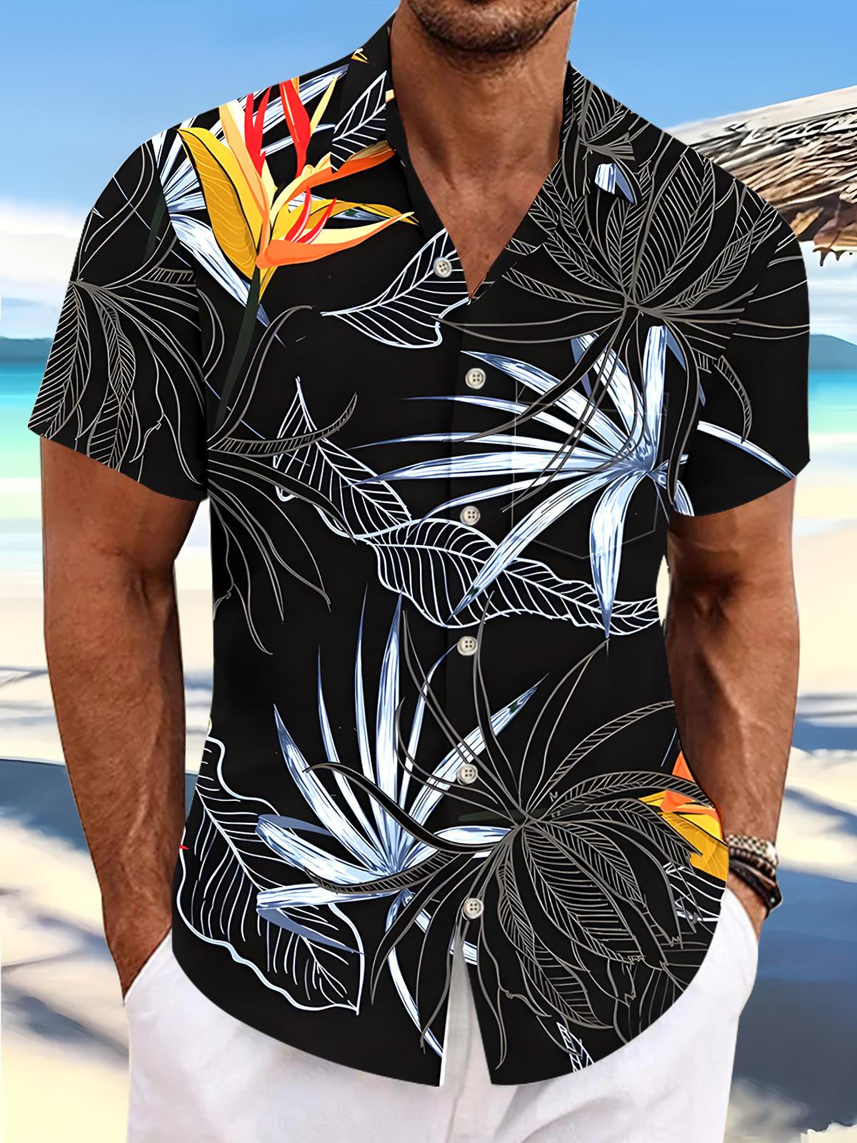Hawaiian Leaf Floral Men's Pocket Short Sleeve Shirts