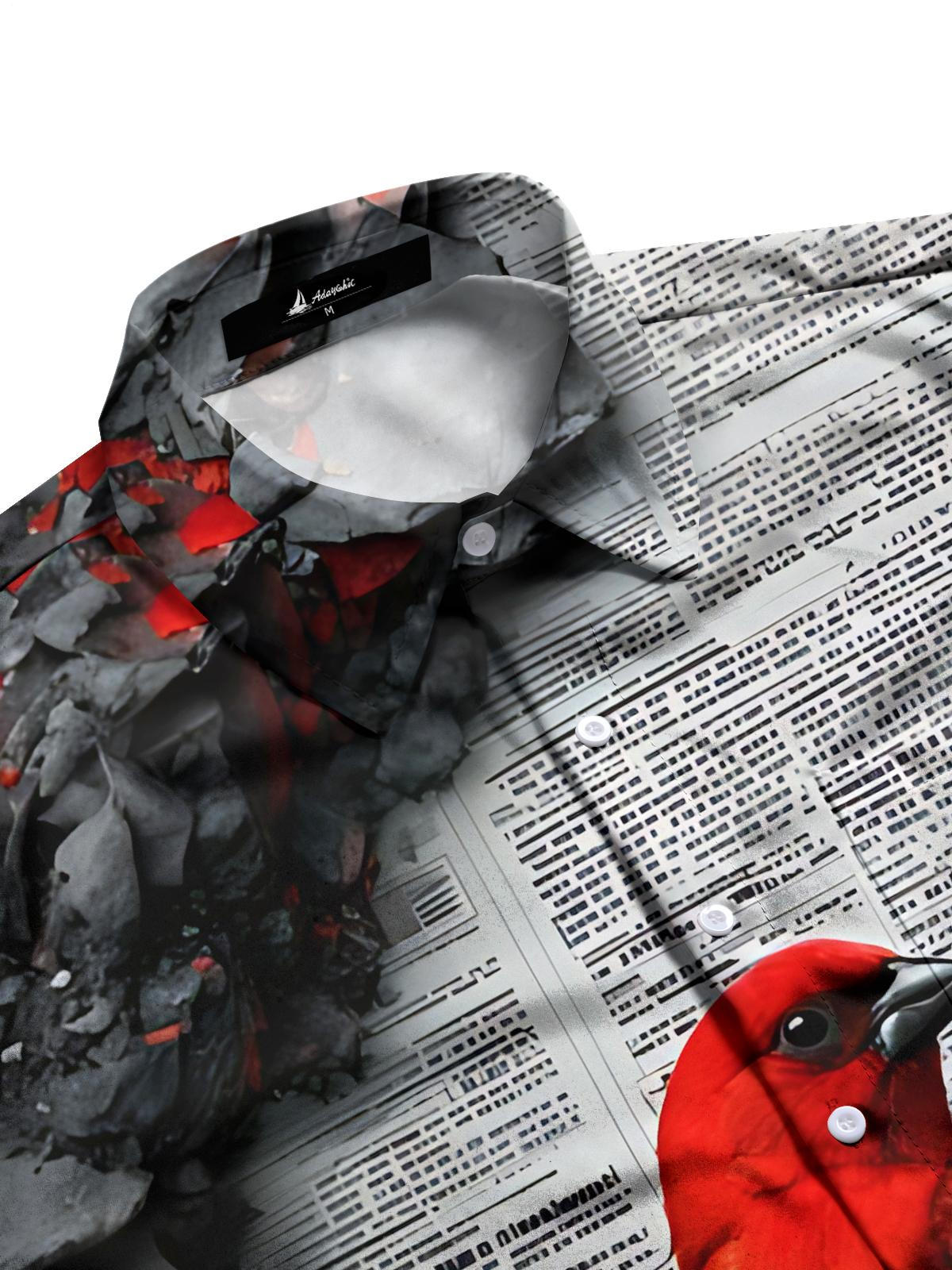 Red Bird Print Men's Pocket Short Sleeve Shirts