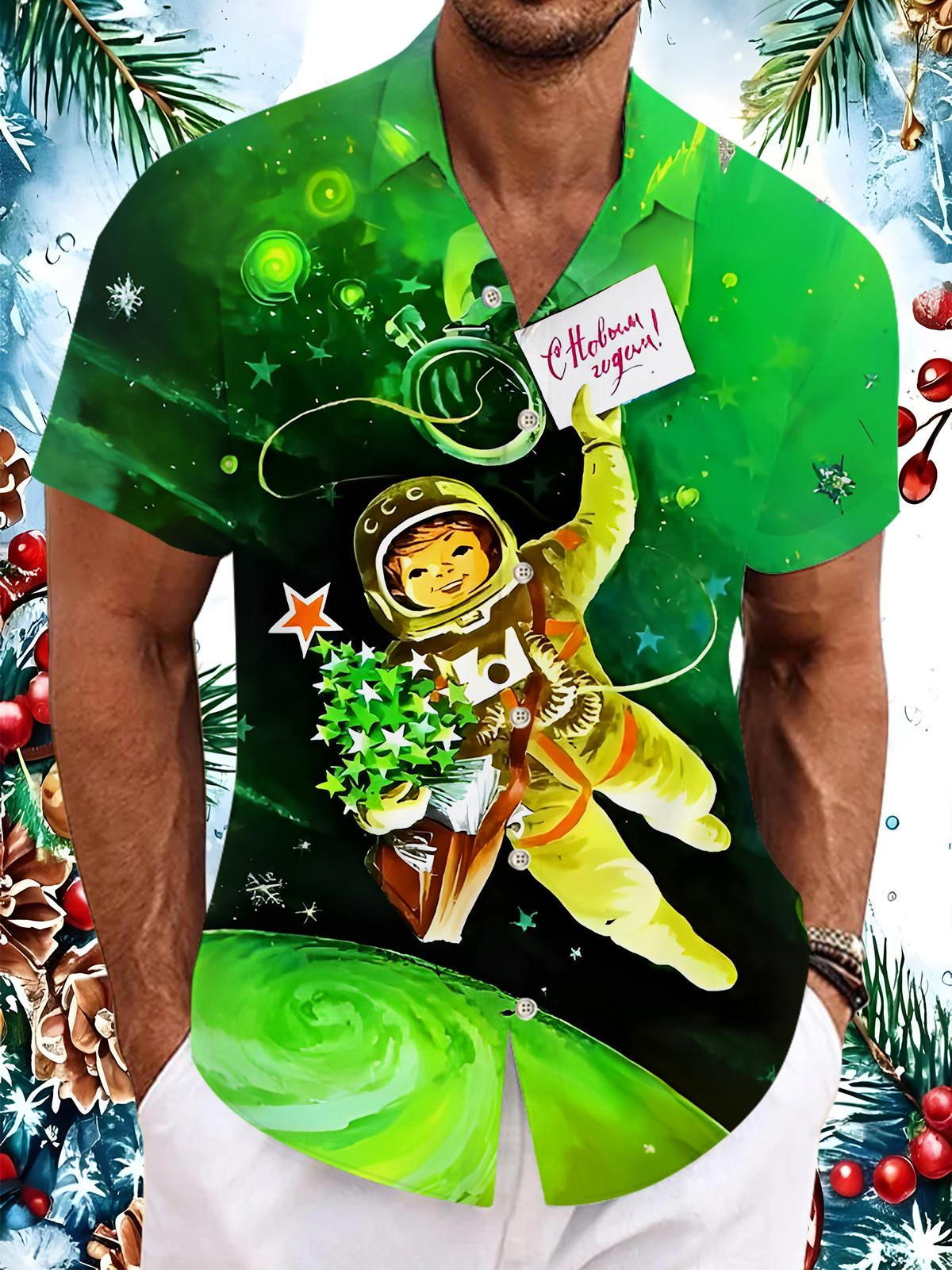 Fun Christmas Astronaut Xmas Men's Pocket Short Sleeve Shirts