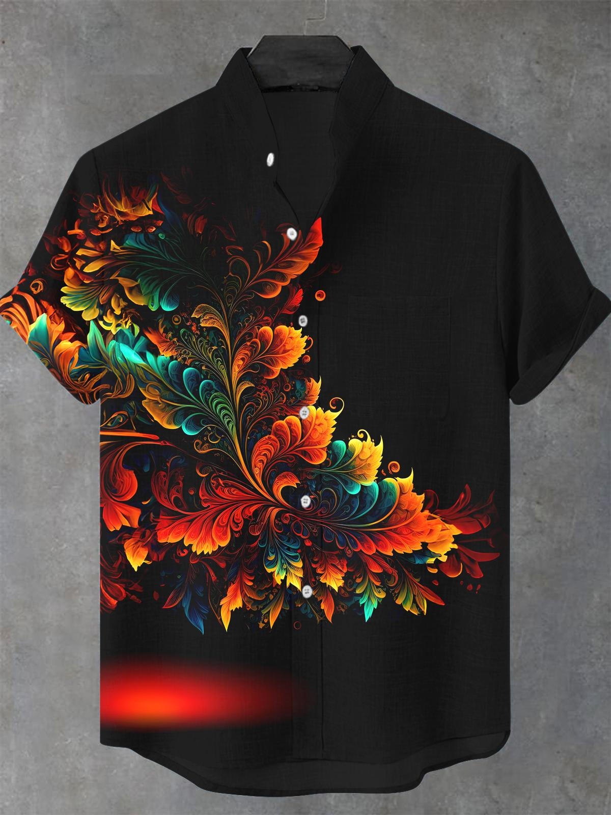 Floral Men's Pocket Short Sleeve Stand Collar Shirts