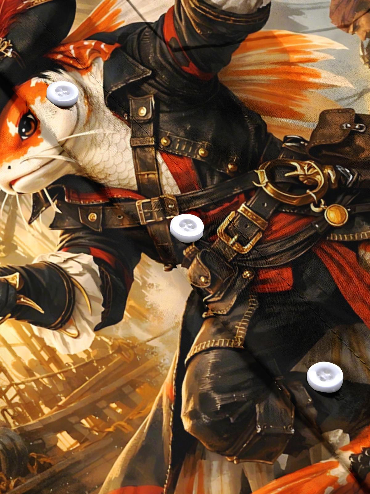 Pirate Goldfish Print Men's Pocket Short Sleeve Shirts