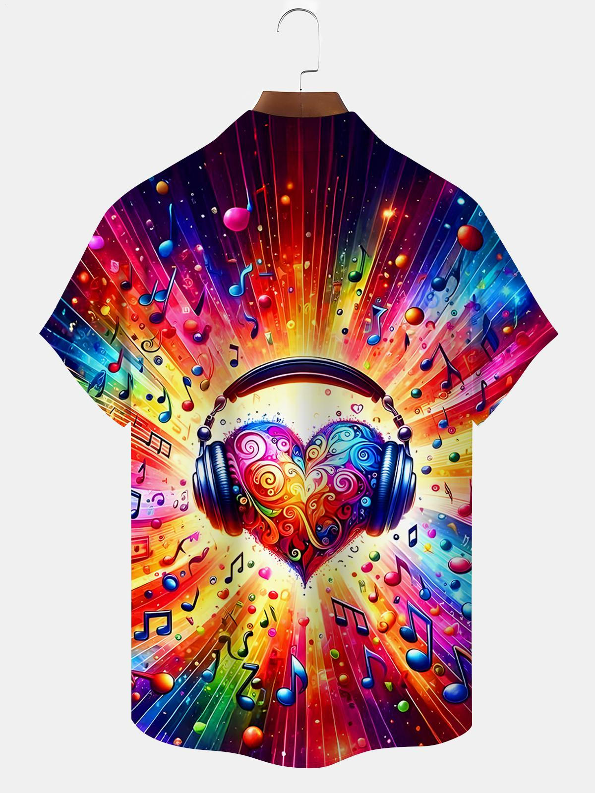 Heart Headphones Musical Note Men's Pocket Short Sleeve Shirts