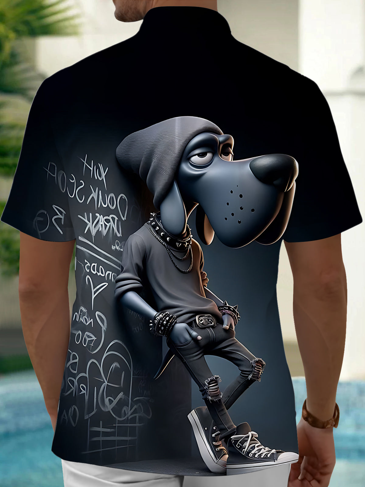 Cartoon Dog Print Men's Pocket Short Sleeve Shirts