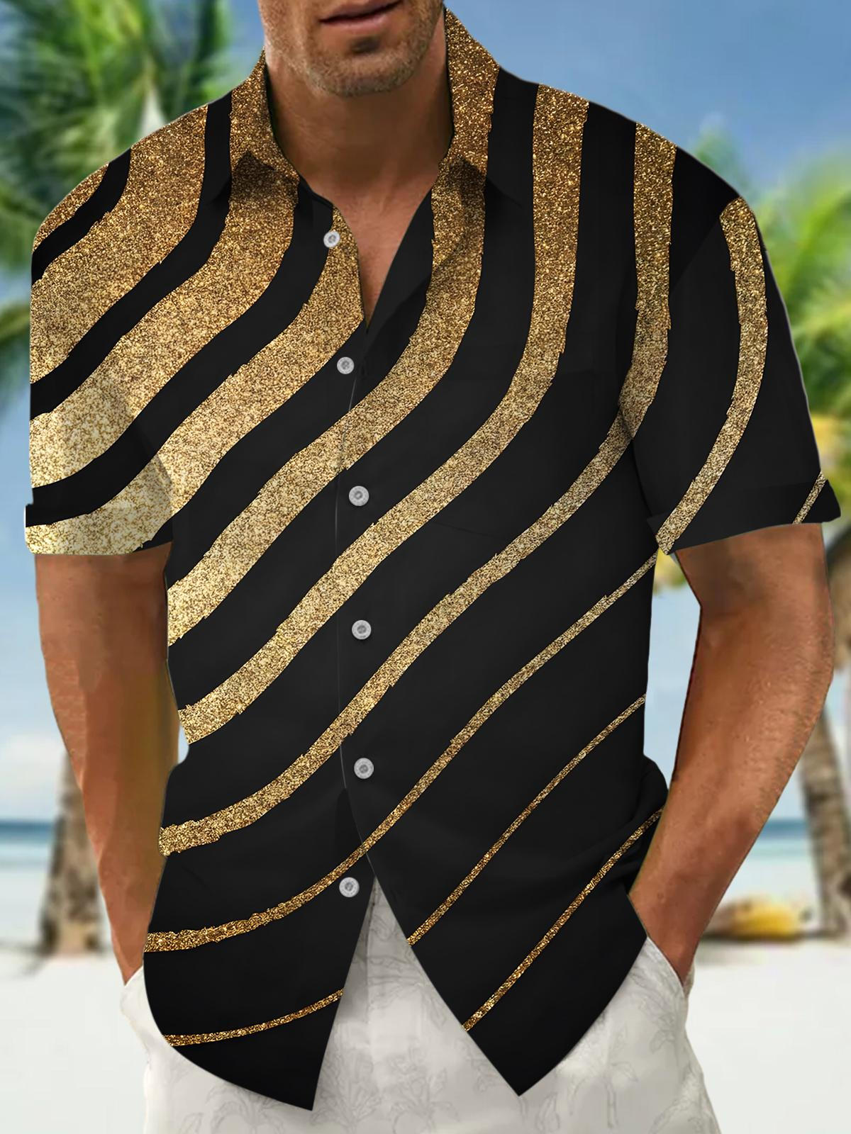 Geometric Stripe Print Men's Pocket Short Sleeve Shirts