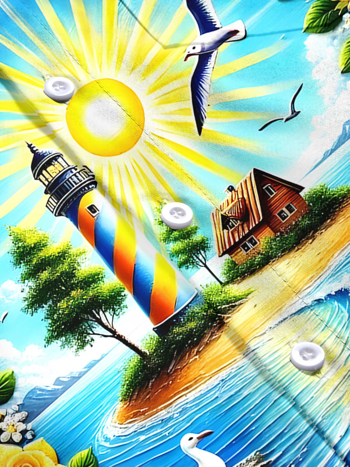 Hawaiian Lighthouse Floral Men's Pocket Short Sleeve Shirts