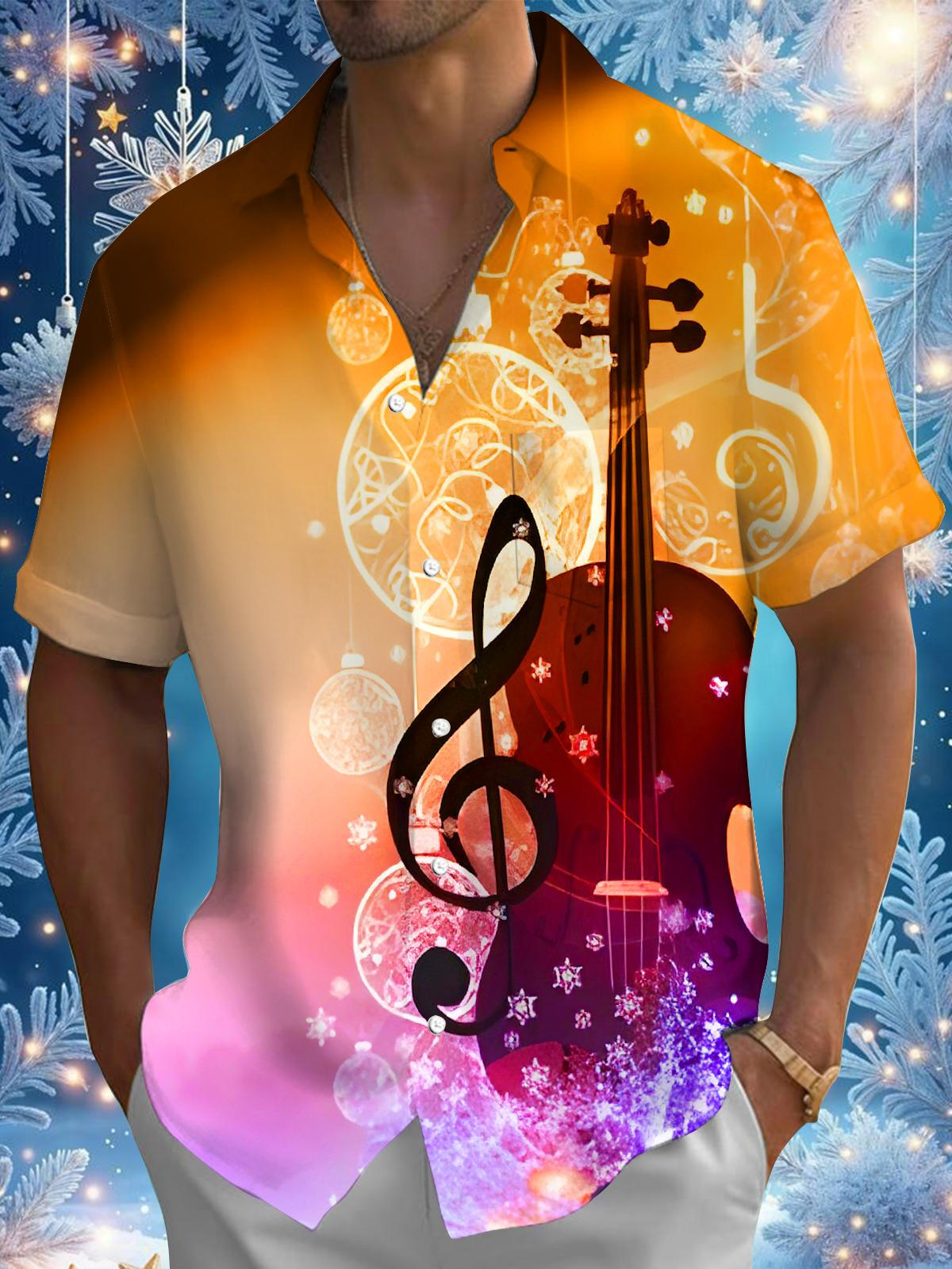 Gradient Christmas Lights Snowflakes Music Notes Violin Men's Pocket Short Sleeve Shirts