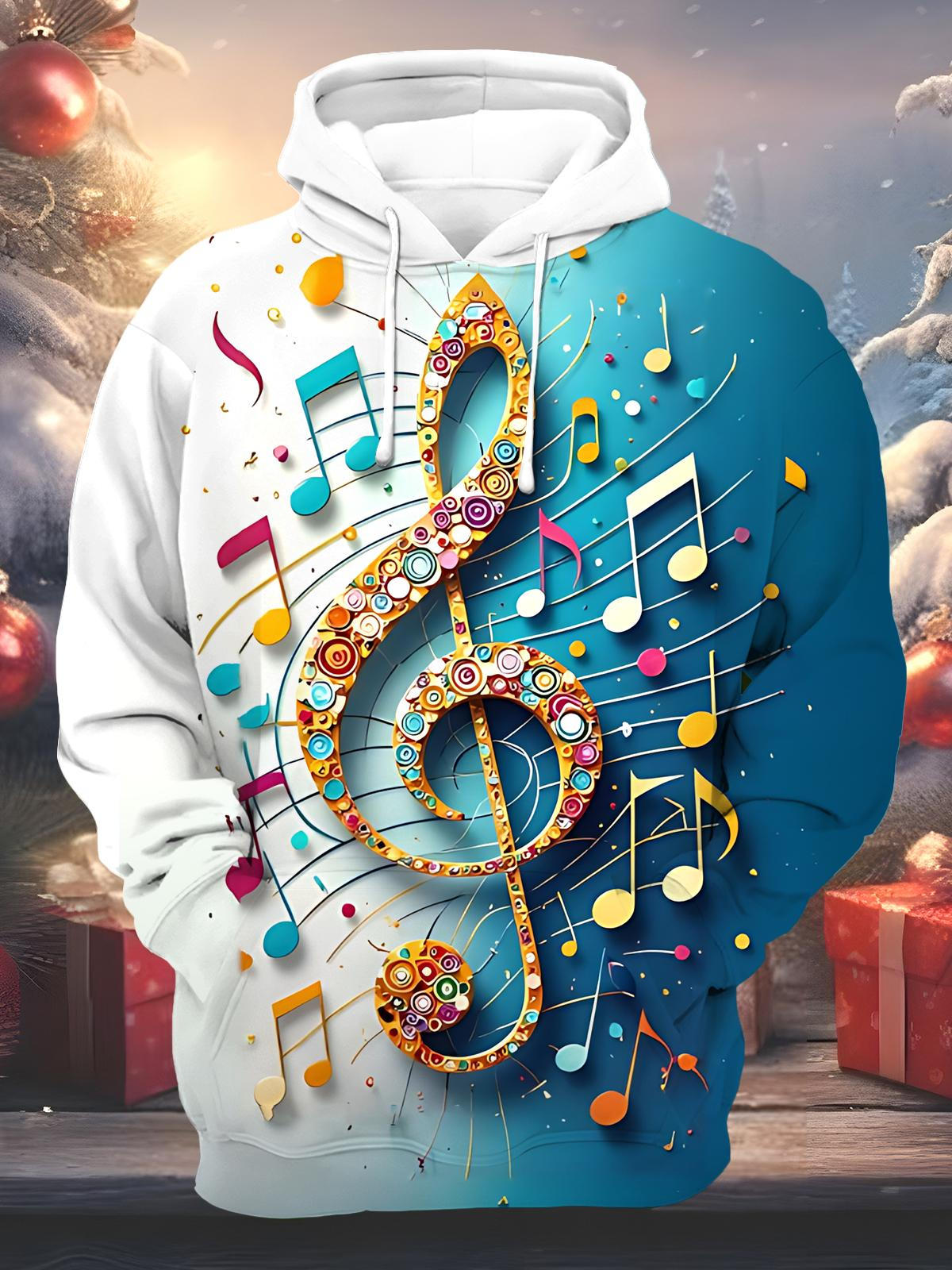 Music Note Print Men's Long Sleeve Pocket Hoodies