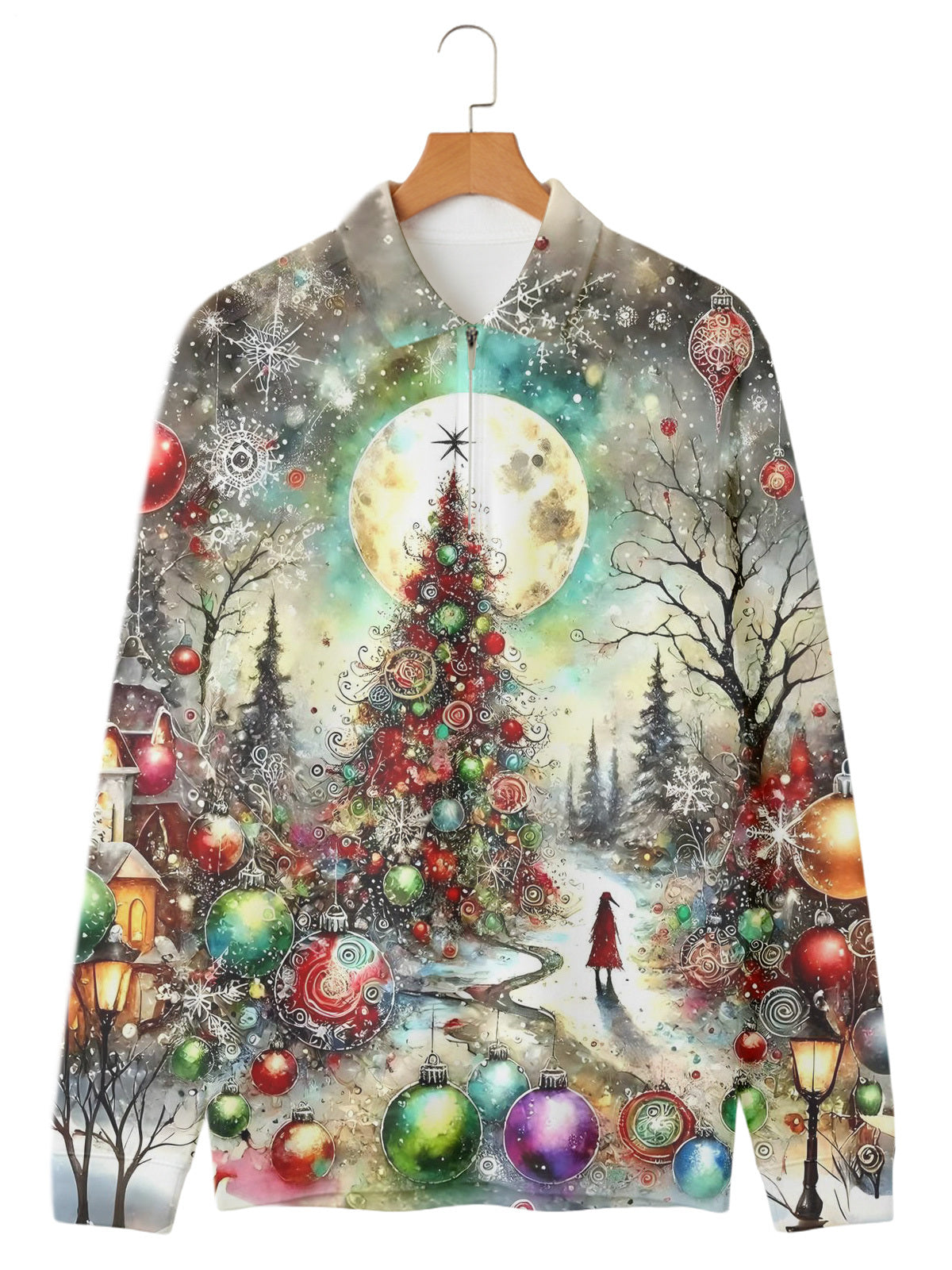 Christmas Tree Men's Long Sleeve Zipper Polo