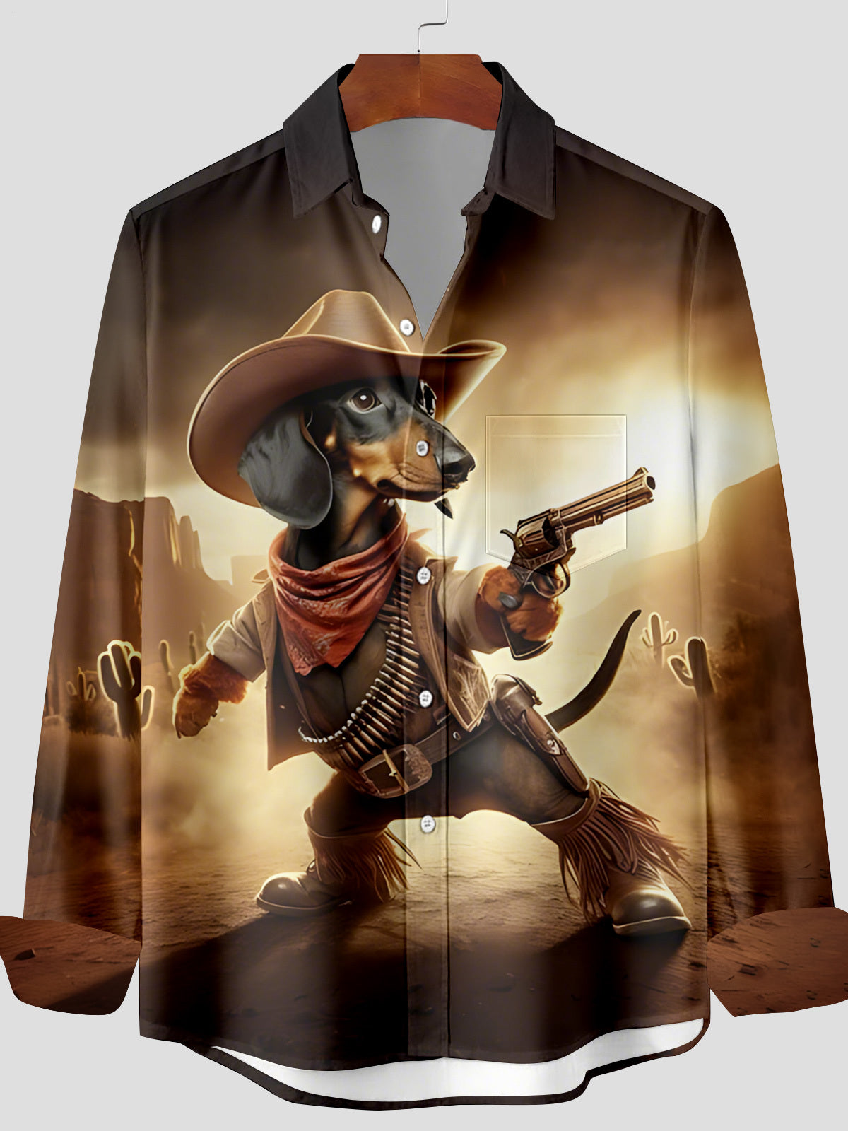 Western Cowboy Dachshund Print Men's Pocket Long Sleeve Shirts