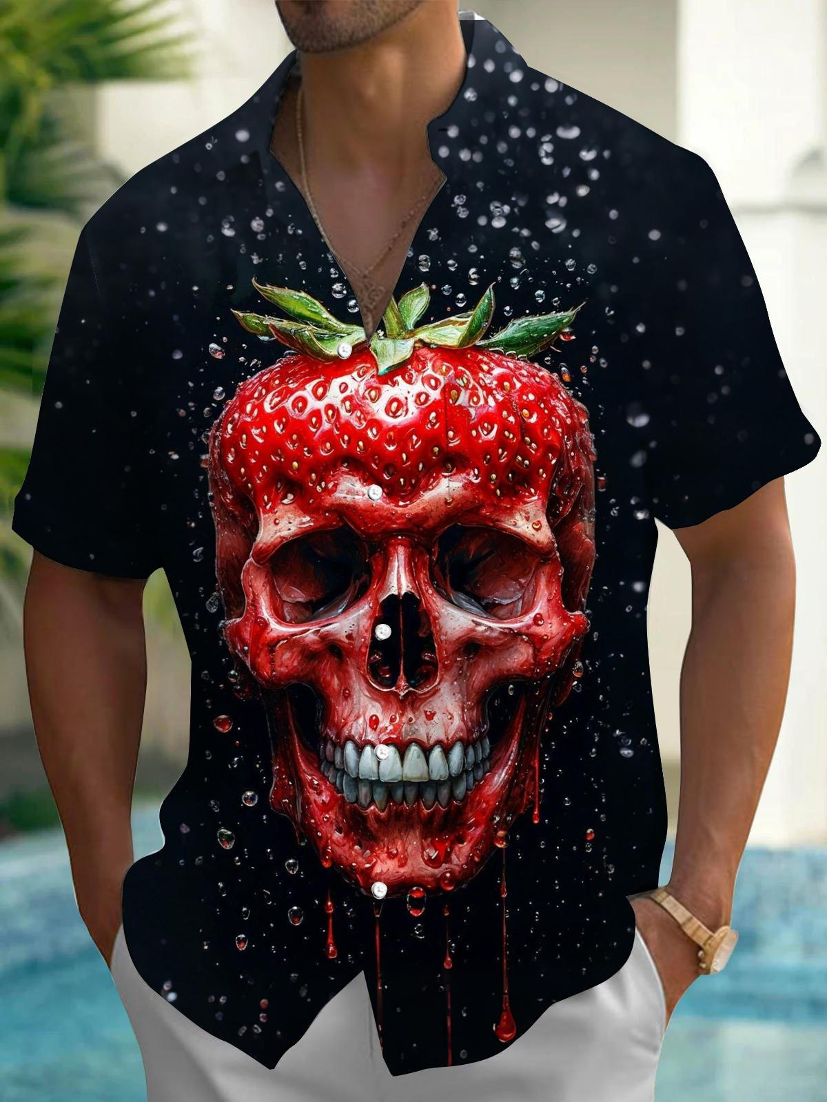 Strawberry Skull Print Men's Pocket Short Sleeve Shirts