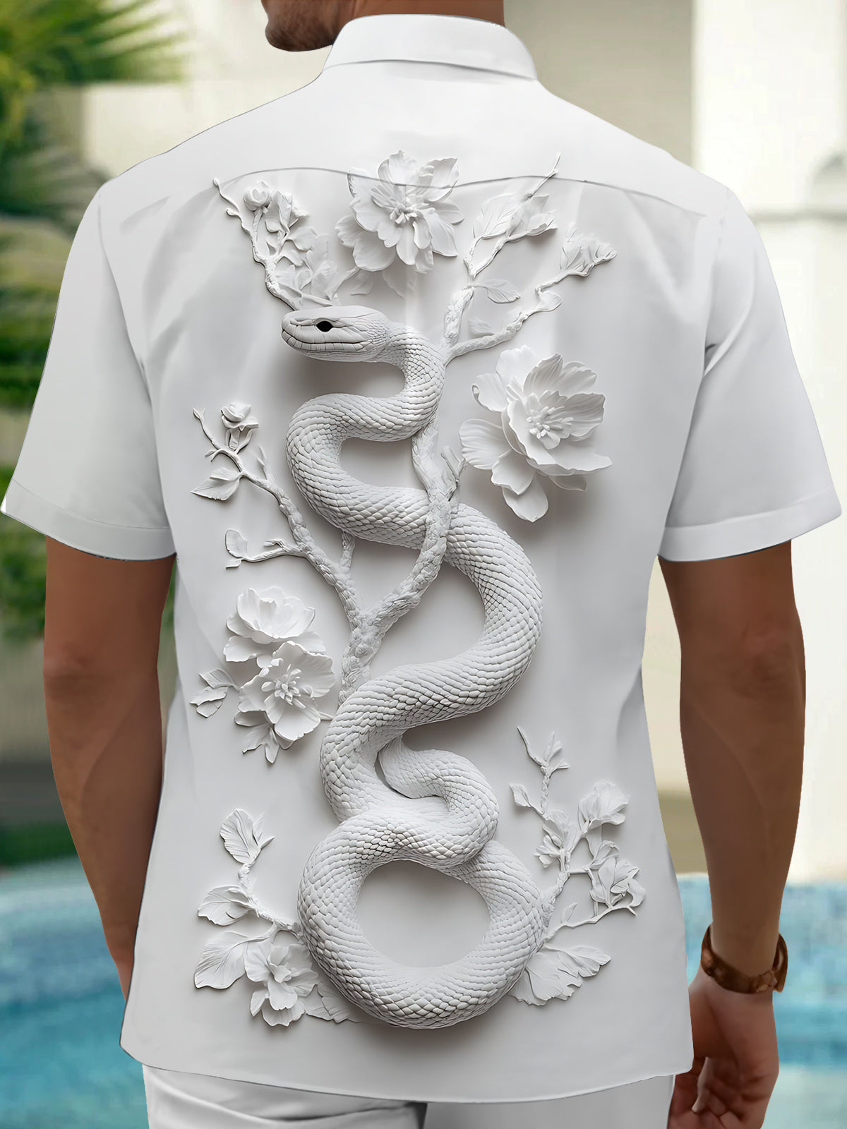 Snake Floral Print Men's Pocket Short Sleeve Shirts
