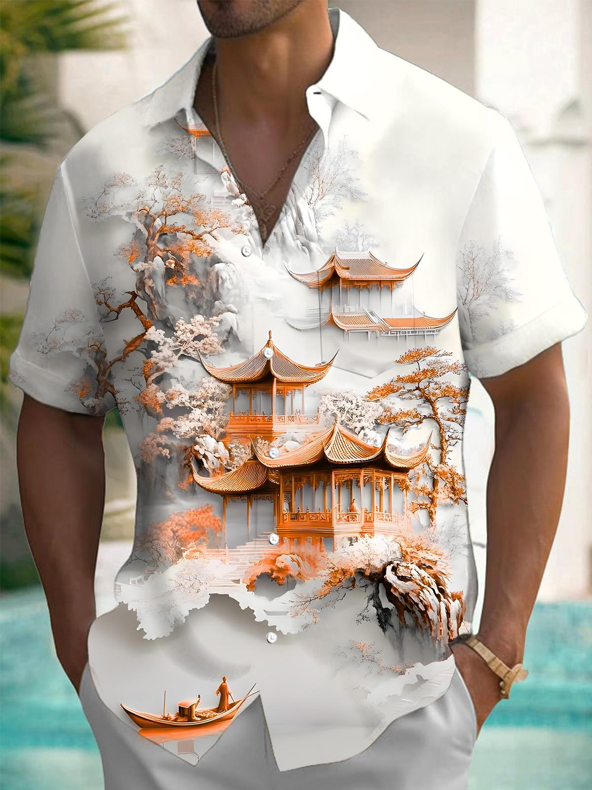 Floral Courtyard Print Men's Pocket Short Sleeve Shirts