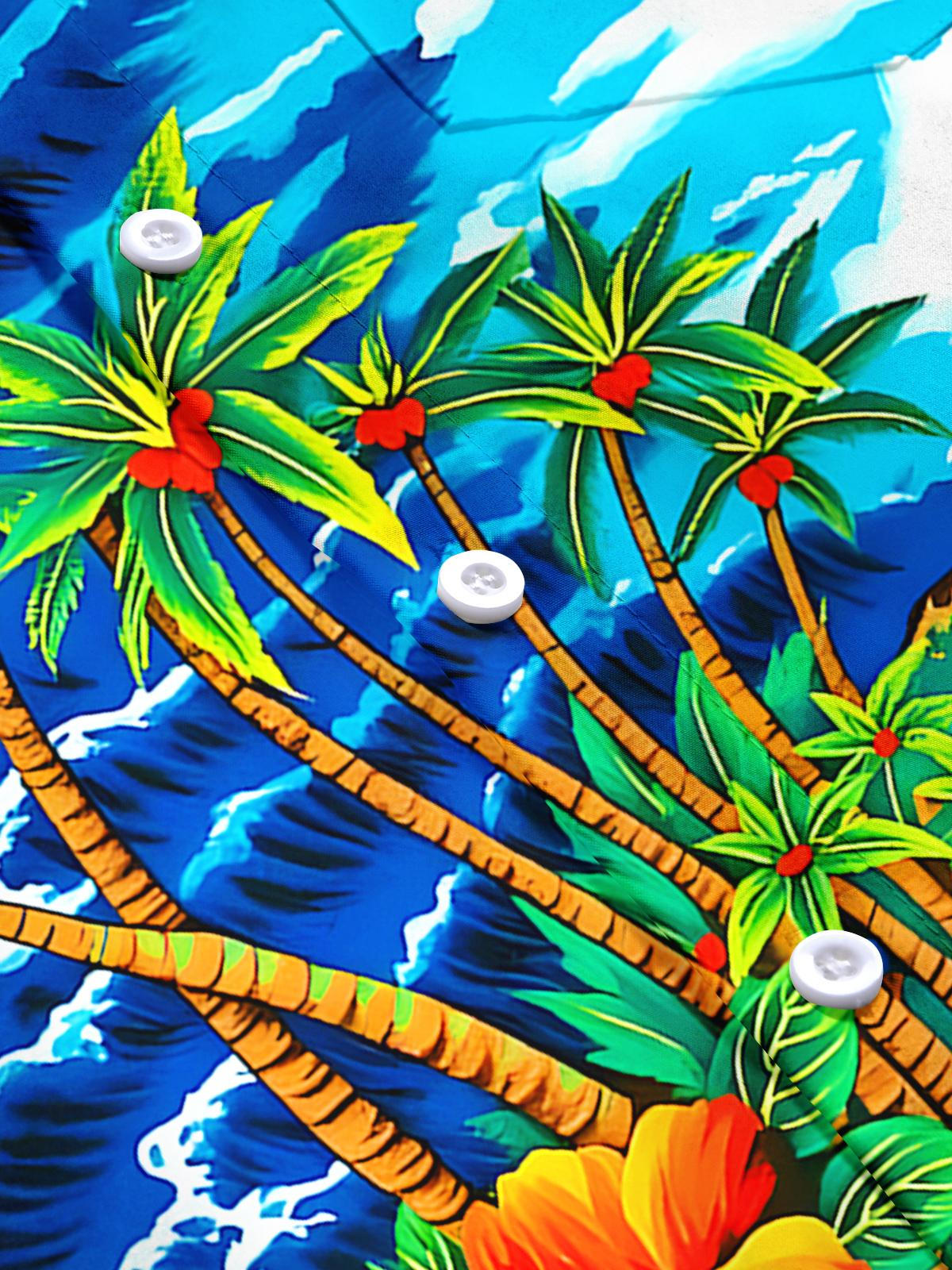 Hawaiian Coconut Tree Floral Men's Pocket Short Sleeve Shirts