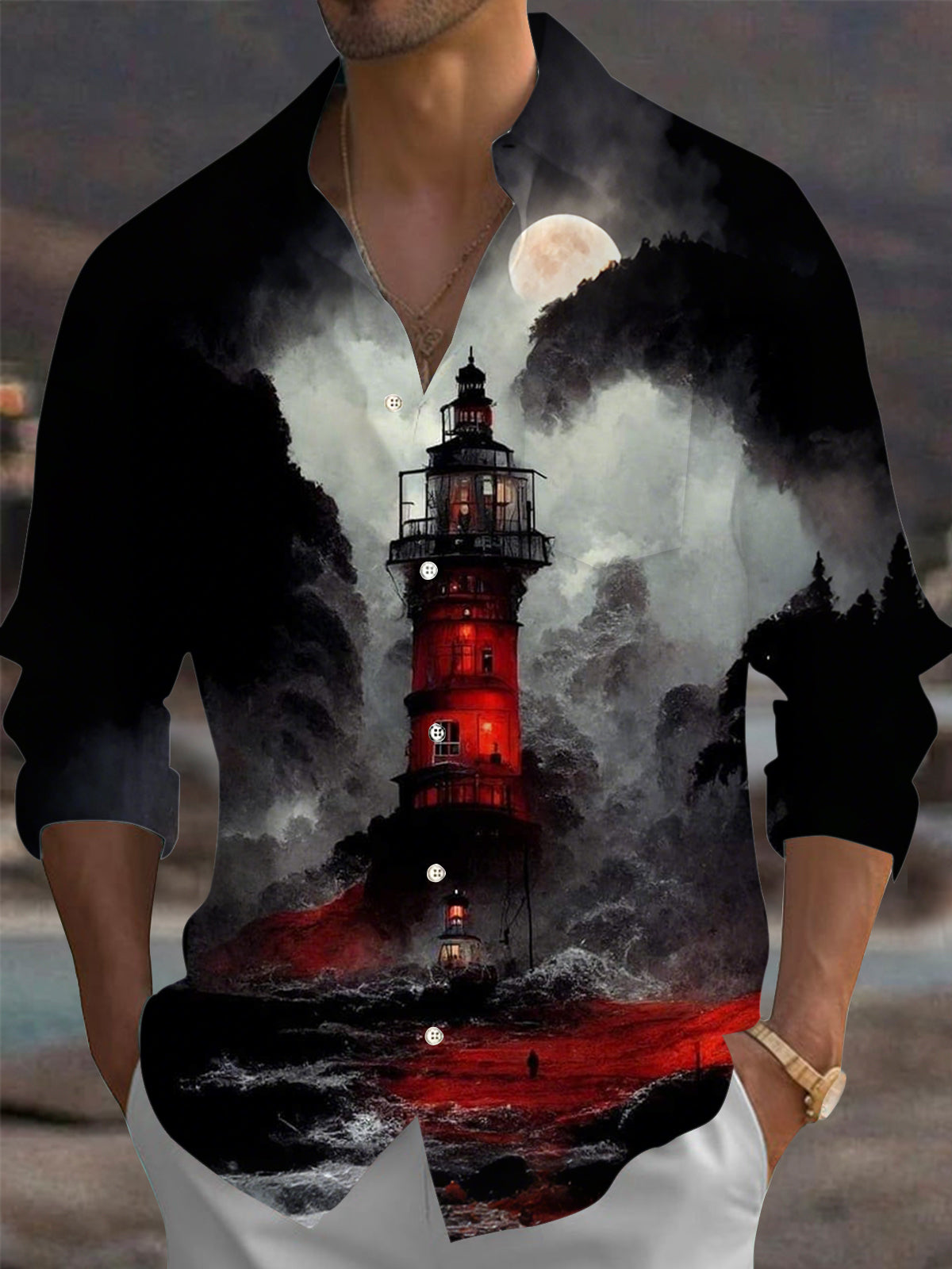 Lighthouse Print Men's Pocket Long Sleeve Shirts
