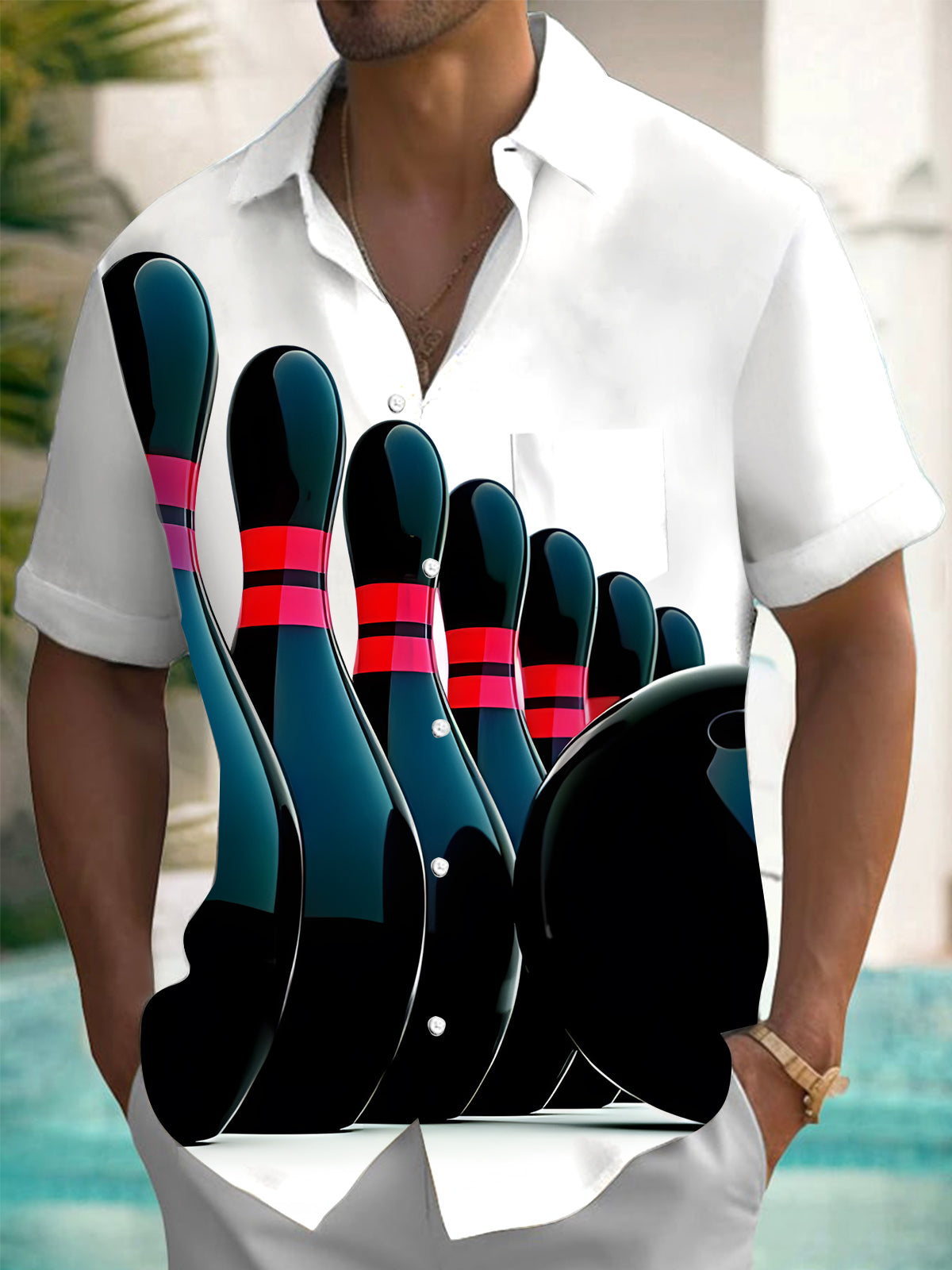 Bowling Print Men's Pocket Short Sleeve Shirts