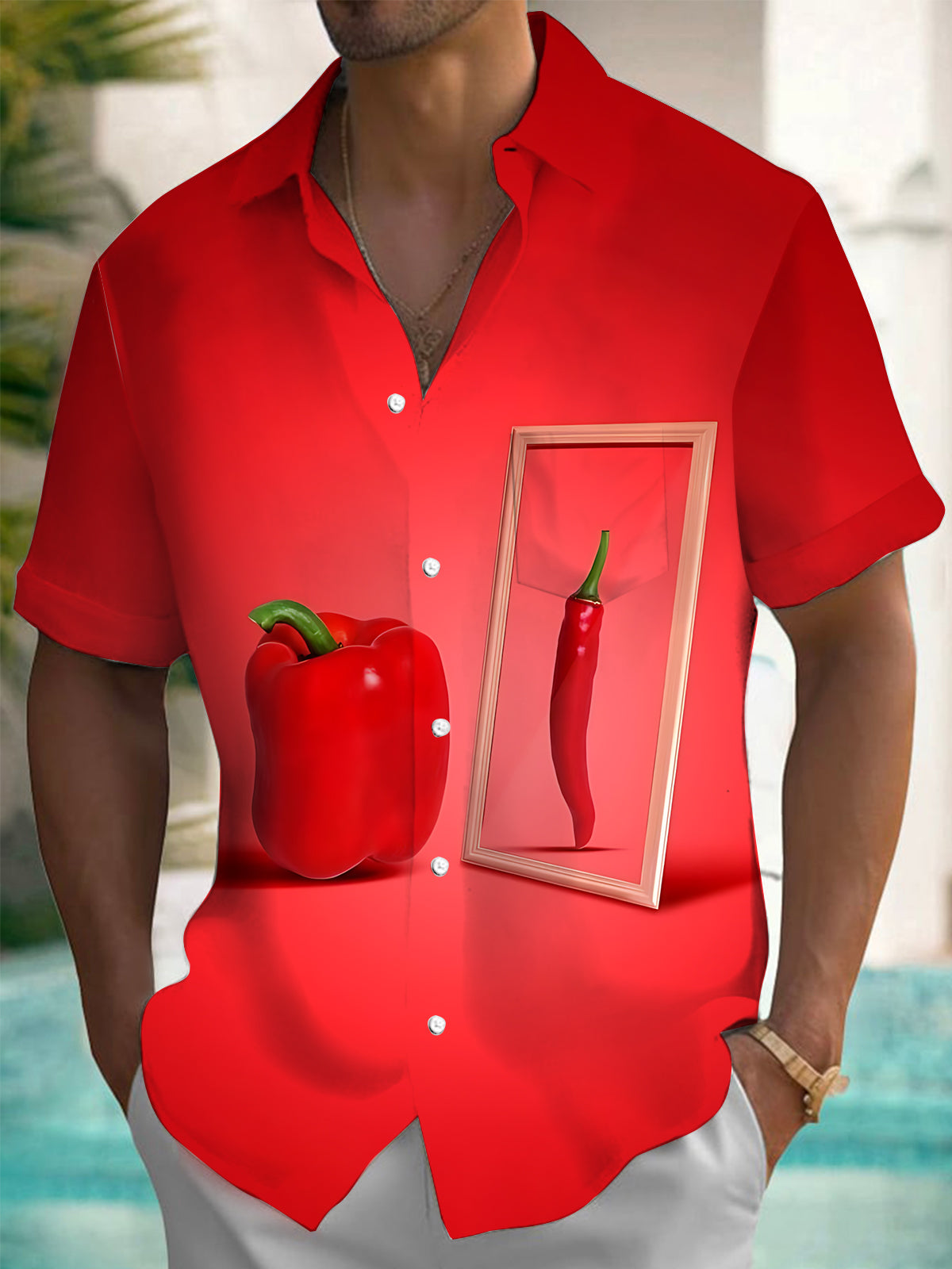 Chili Print Men's Pocket Short Sleeve Shirts