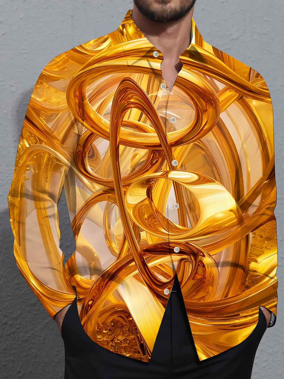 Art Golden Flowing Abstract Geometry Men's Pocket Long Sleeve Shirts