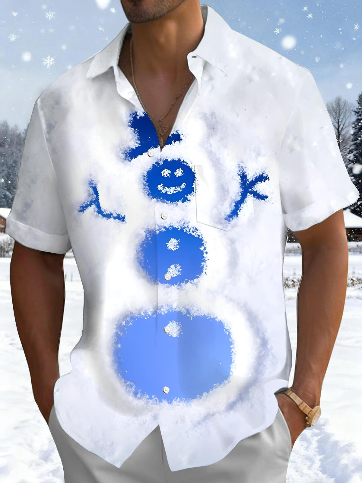 Snowman Print Men's Pocket Short Sleeve Shirts