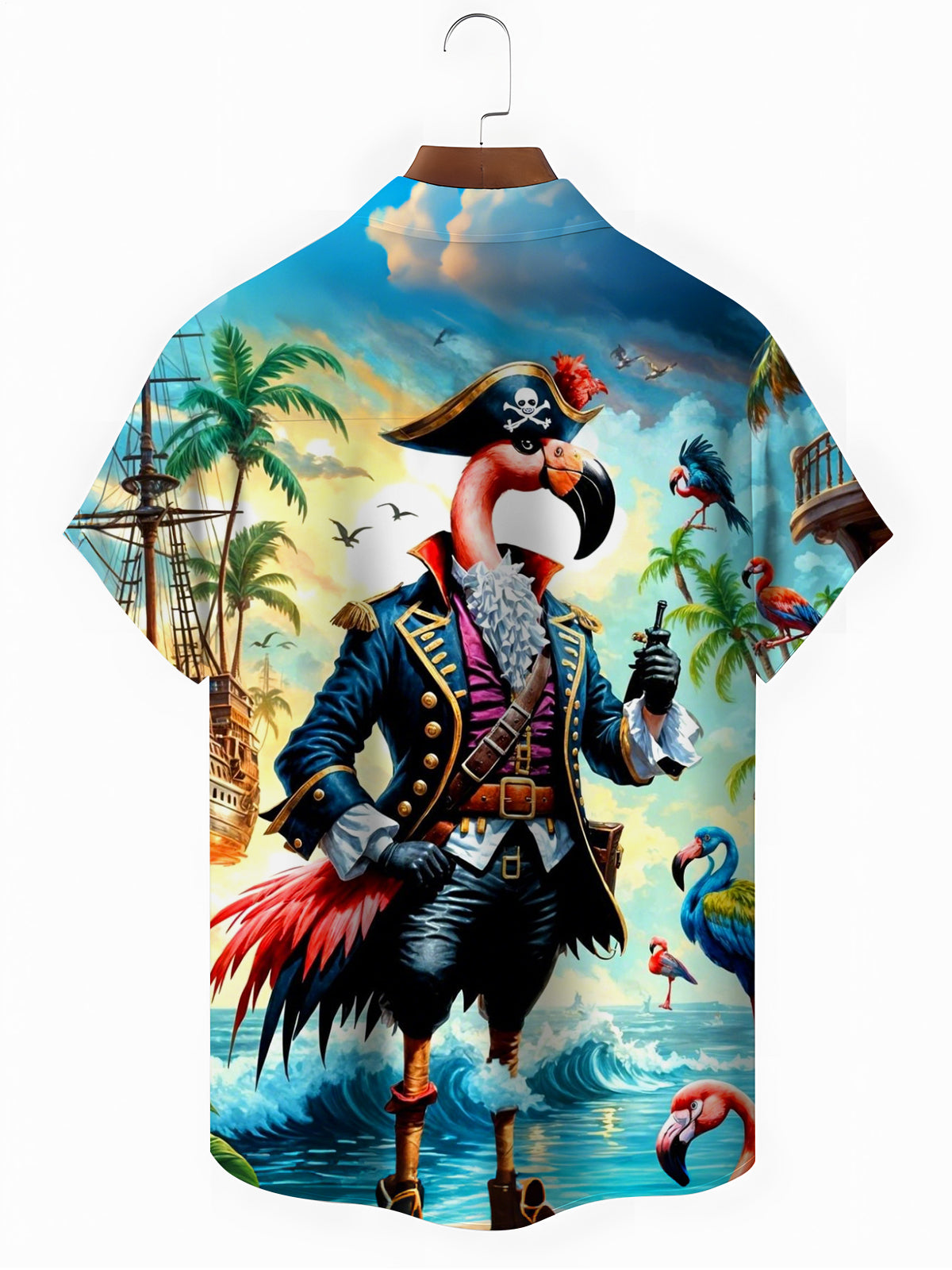 Flamingo Pirate Print Men's Pocket Short Sleeve Shirts