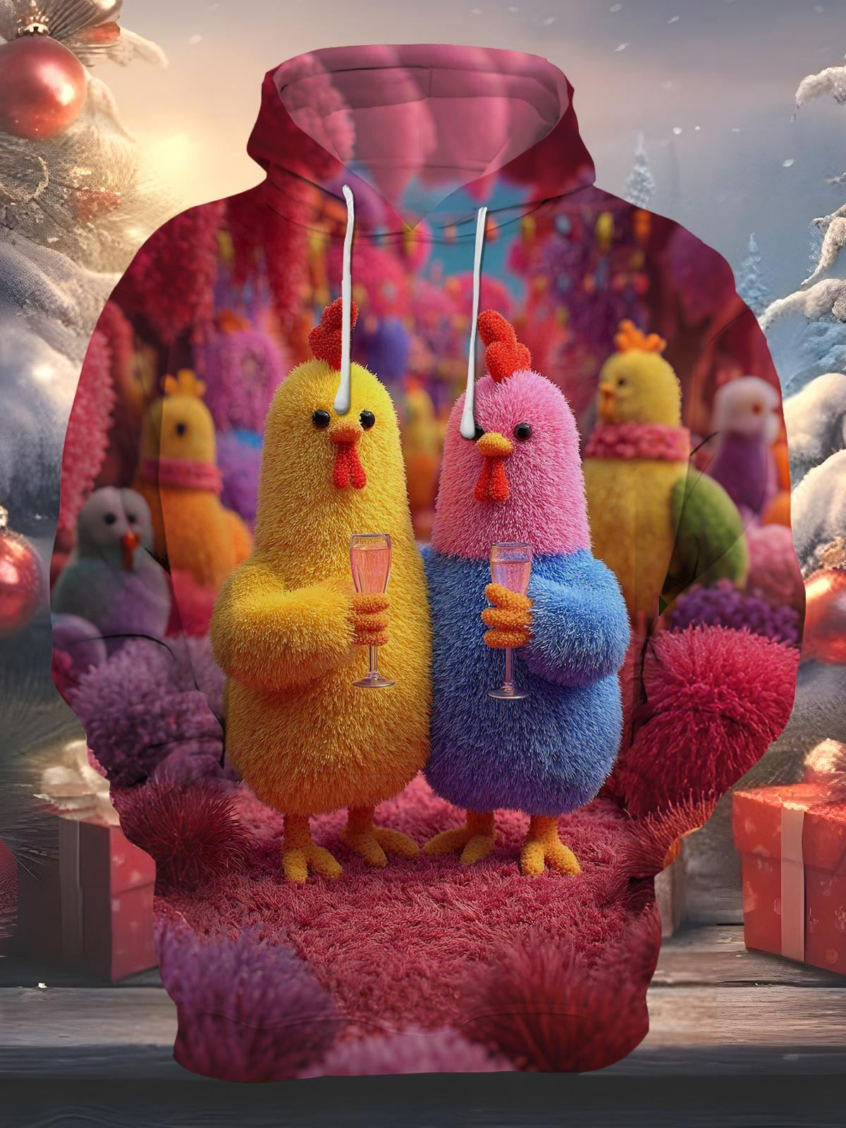 Funny Cute Chicken Print Men's Long Sleeve Pocket Hoodies