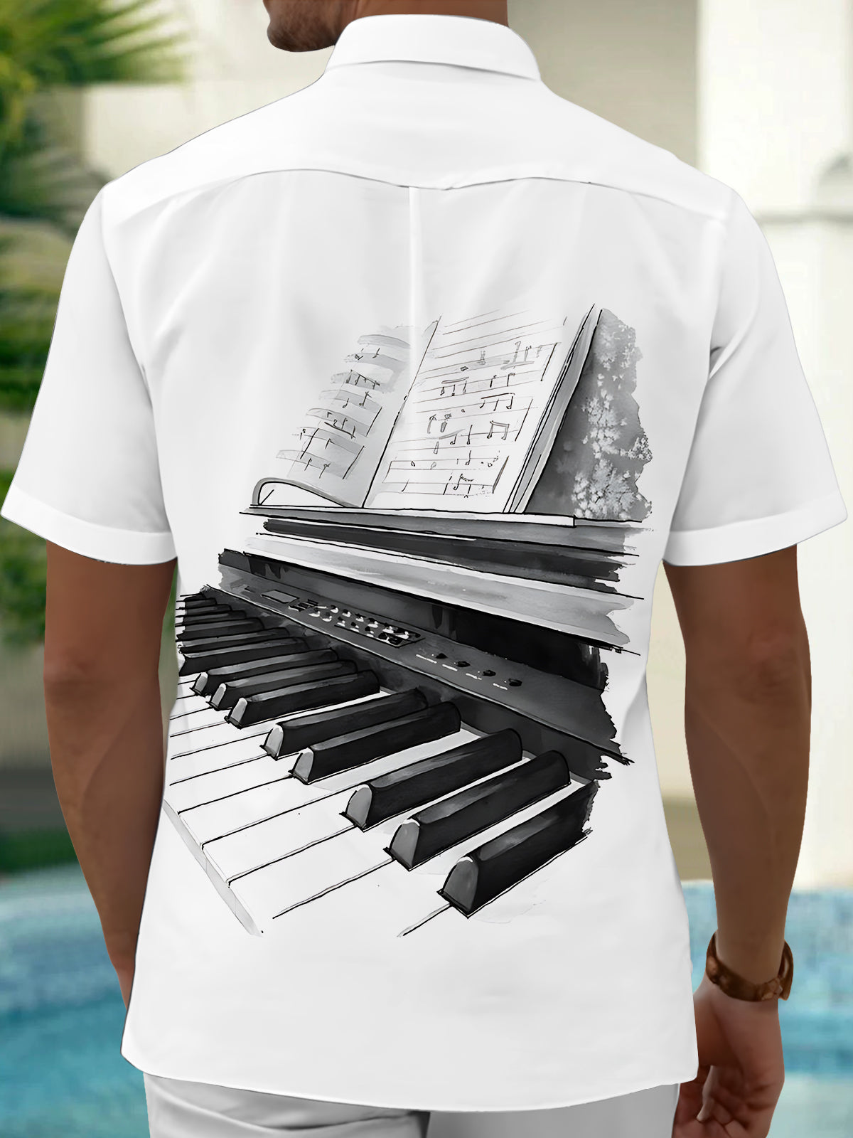 Piano Print Men's Pocket Short Sleeve Shirts