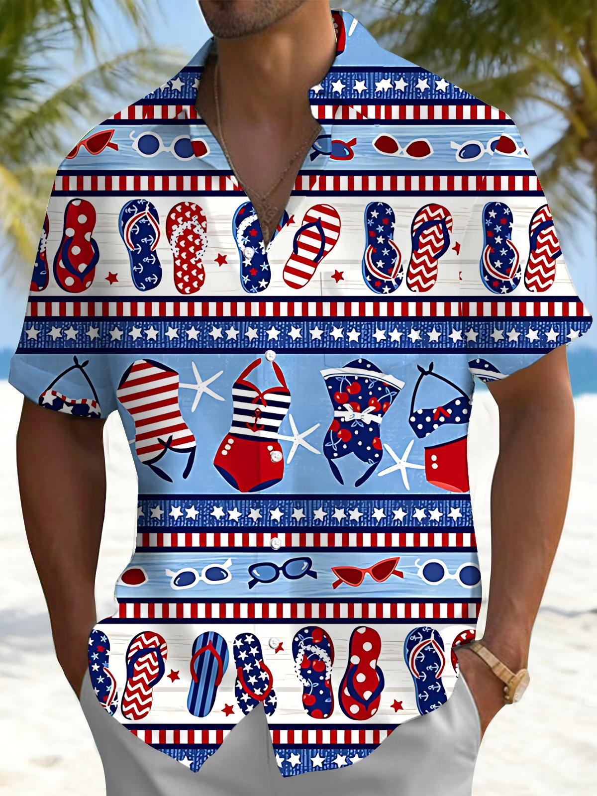 Hawaiian American Flag Flip Print Men's Pocket Short Sleeve Shirts