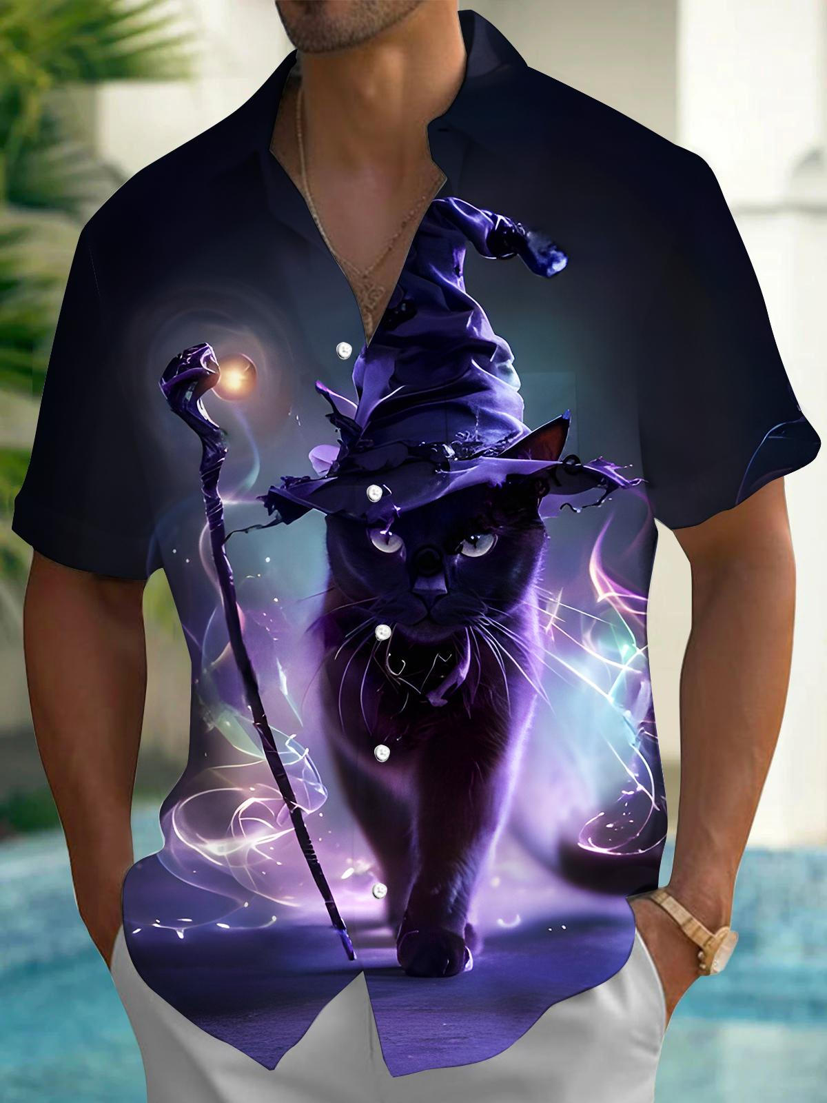 Dark Magic Witch Cat Halloween Men's Pocket Short Sleeve Shirts