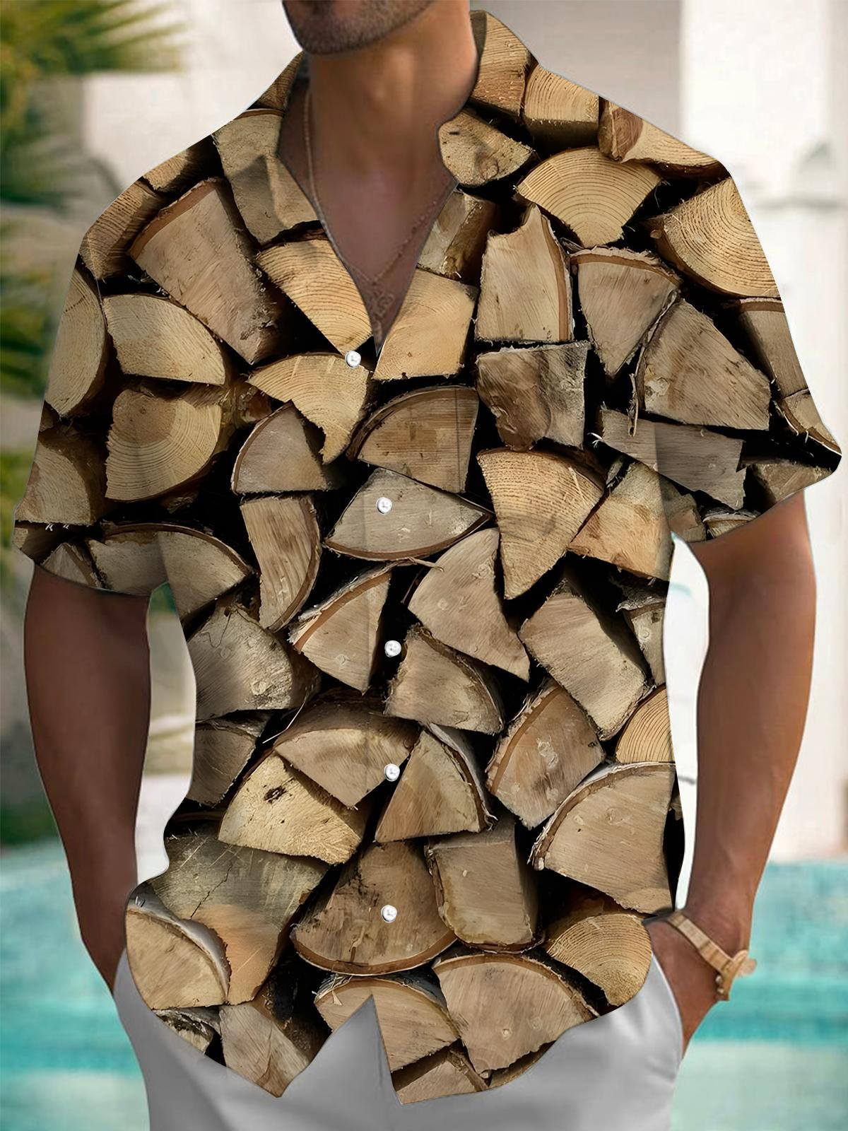 Wood Print Men's Pocket Short Sleeve Shirts