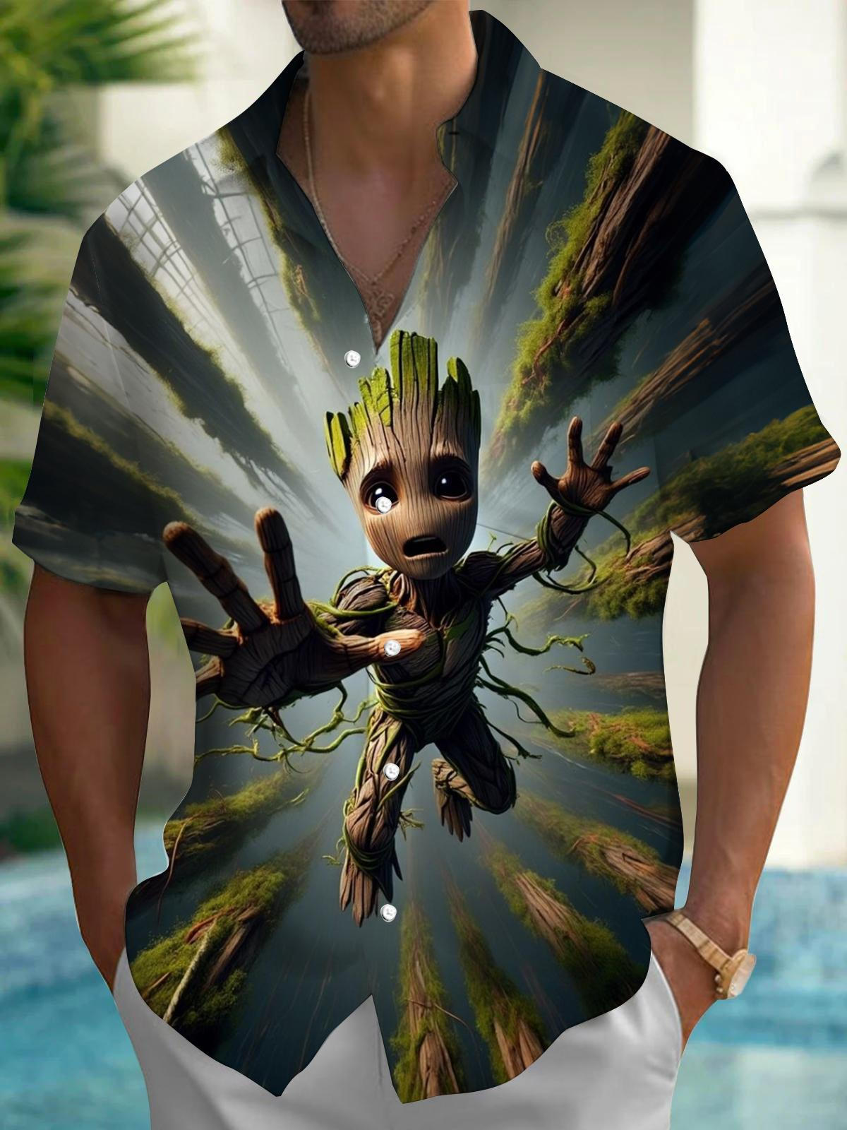 Funny Cartoon Art Print Men's Pocket Short Sleeve Shirts