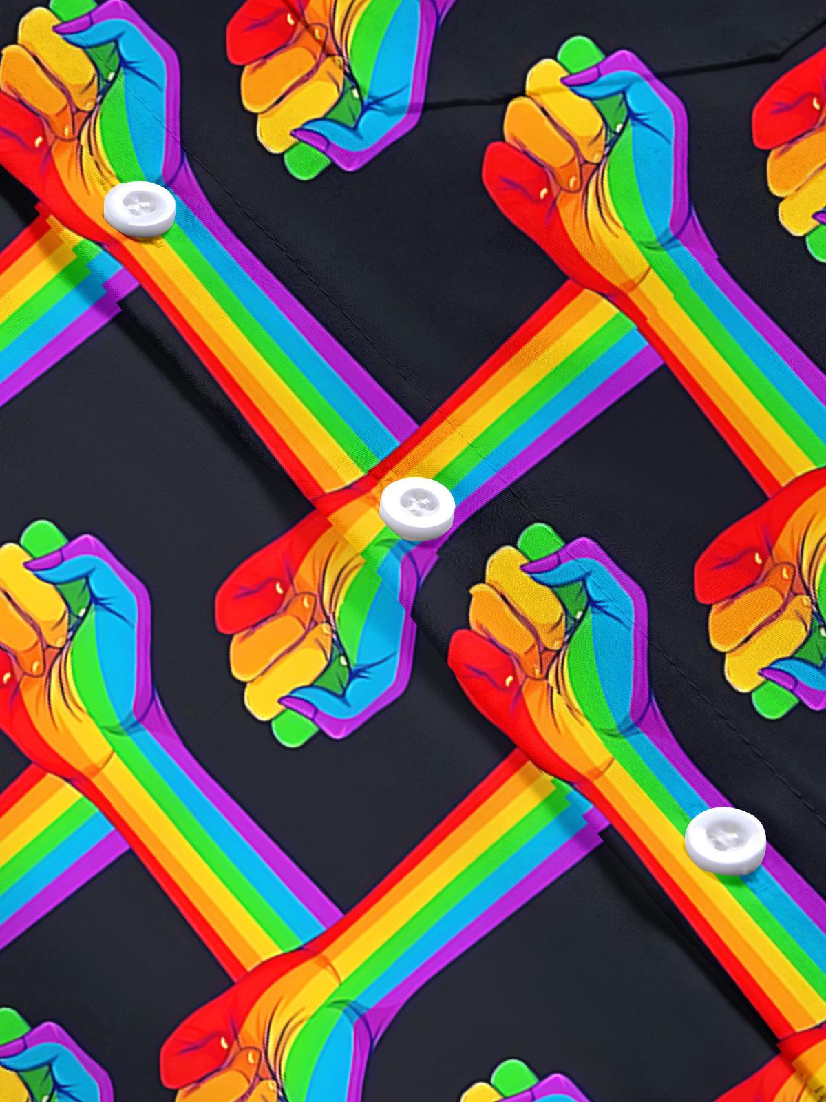 Rainbow Striped Fist Print Men's Pocket Short Sleeve Shirts