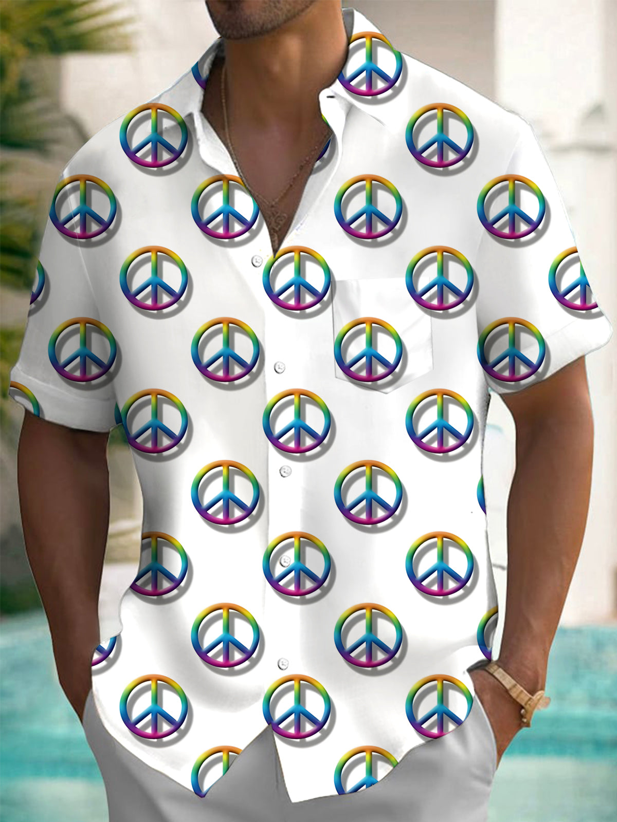 Peace Sign Print Men's Pocket Short Sleeve Shirts