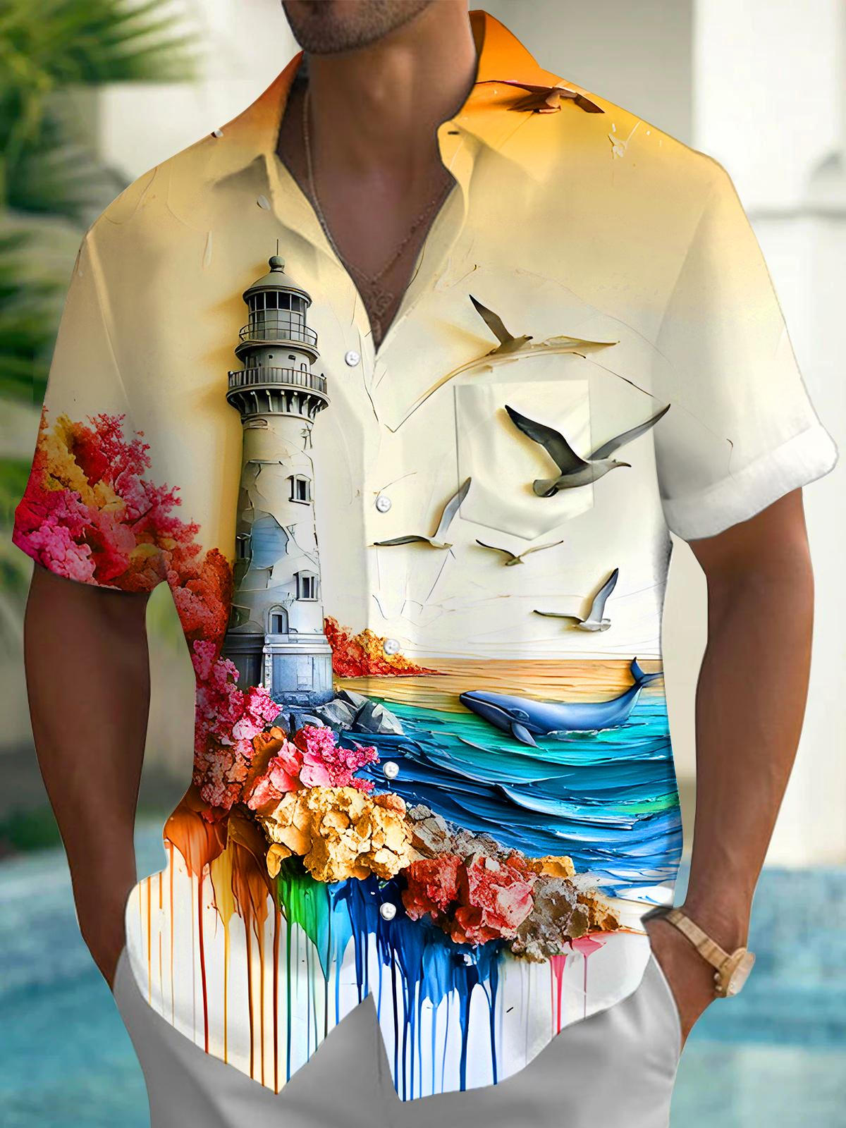 Lighthouse Floral Seagulls Whale Tie Dye Art Relief Men's Pocket Short Sleeve Shirts
