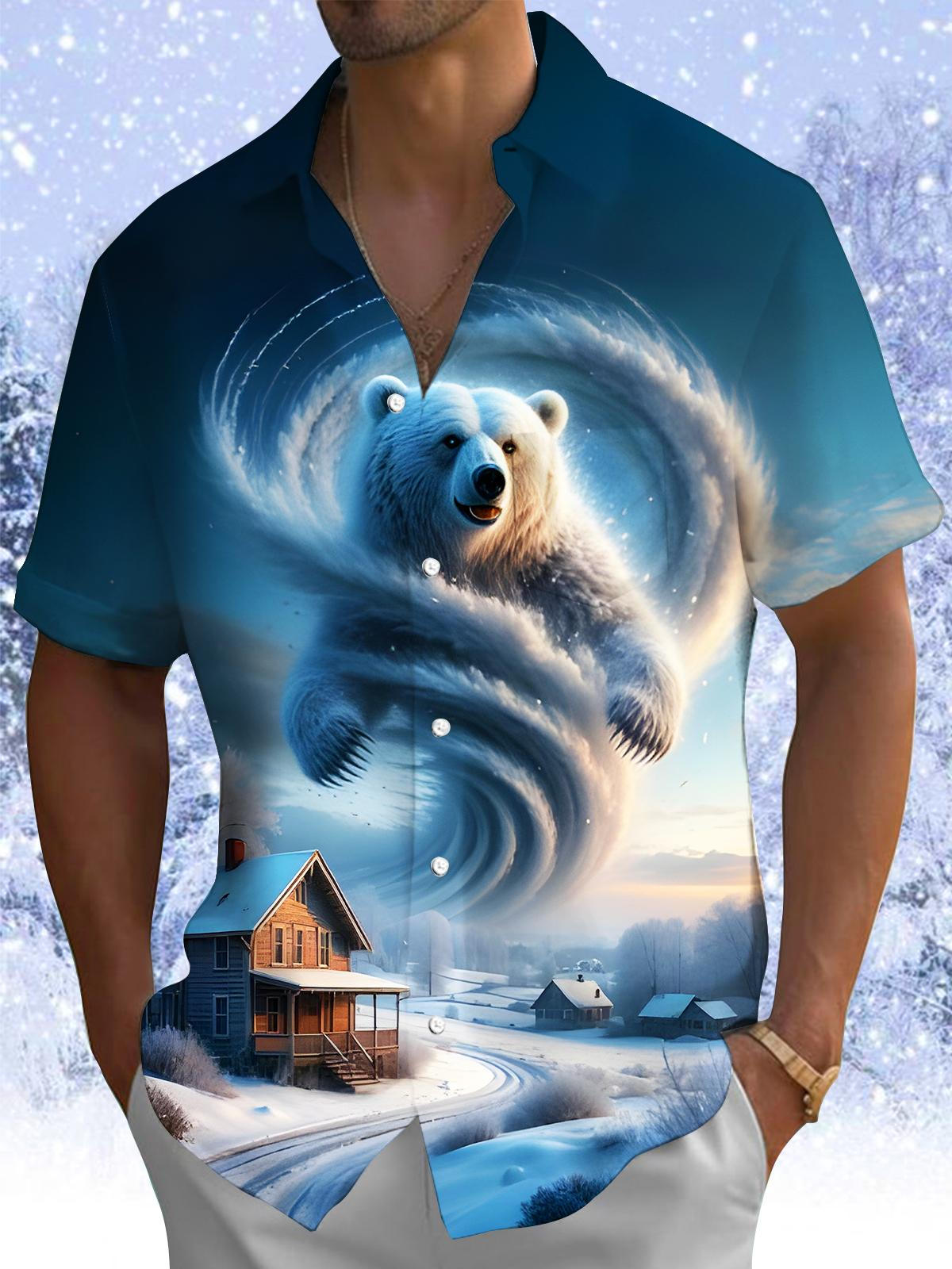 Funny Winter Polar Bear Cyclone Cloud Men's Pocket Short Sleeve Shirts