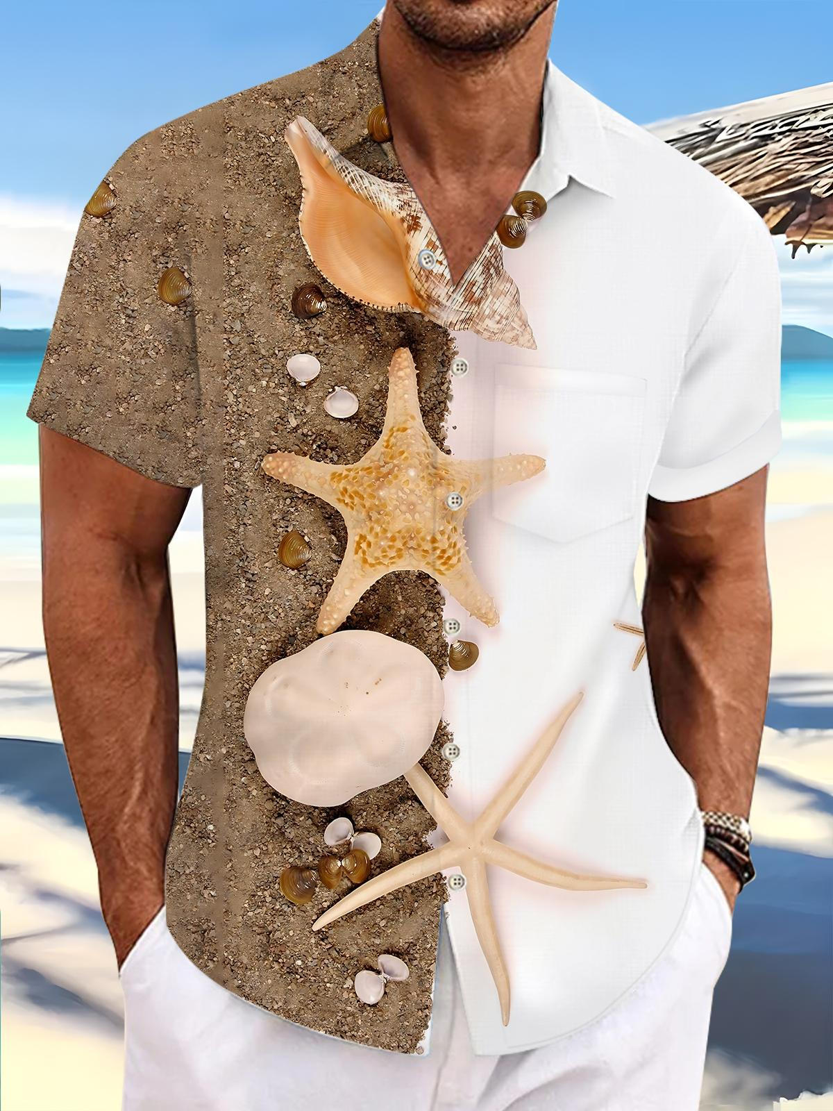 Shell Starfish Print Men's Pocket Short Sleeve Shirts