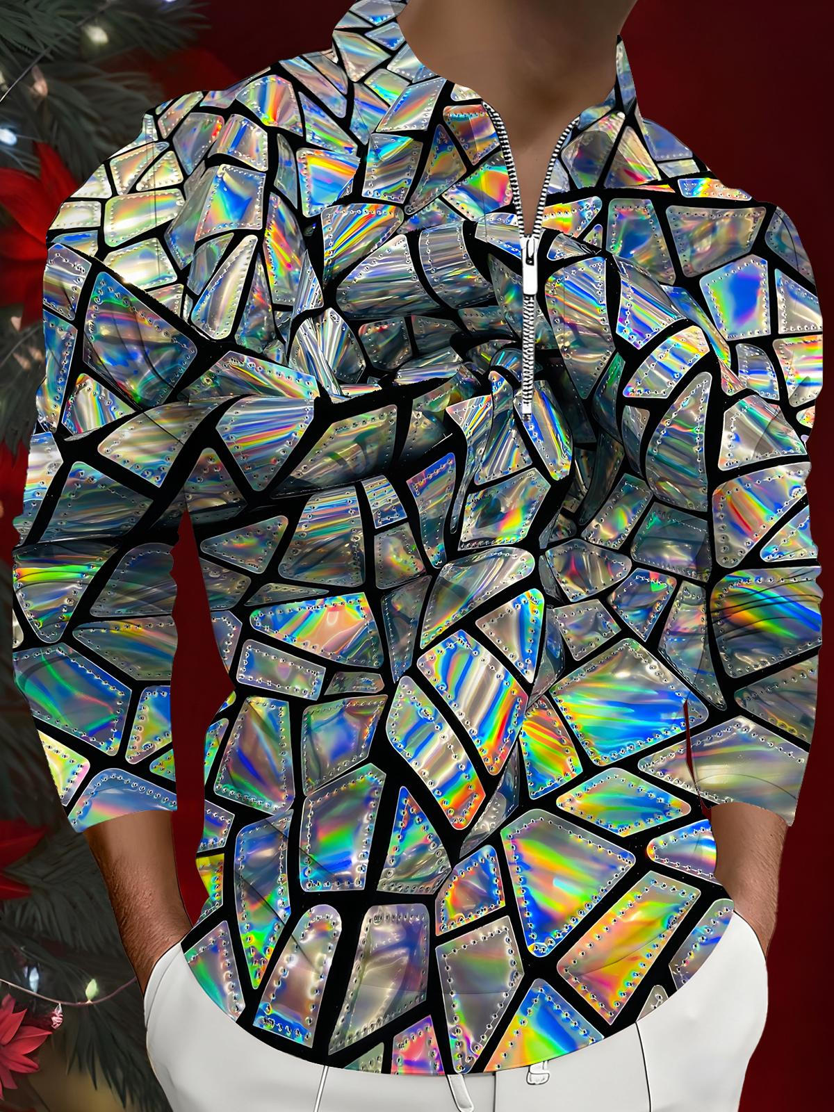 Geometric Print Men's Long Sleeve Zipper Polo