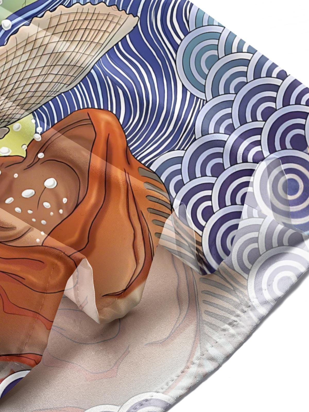 Ukiyo-e Marine Life Beer Print Men's Pocket Short Sleeve Shirts