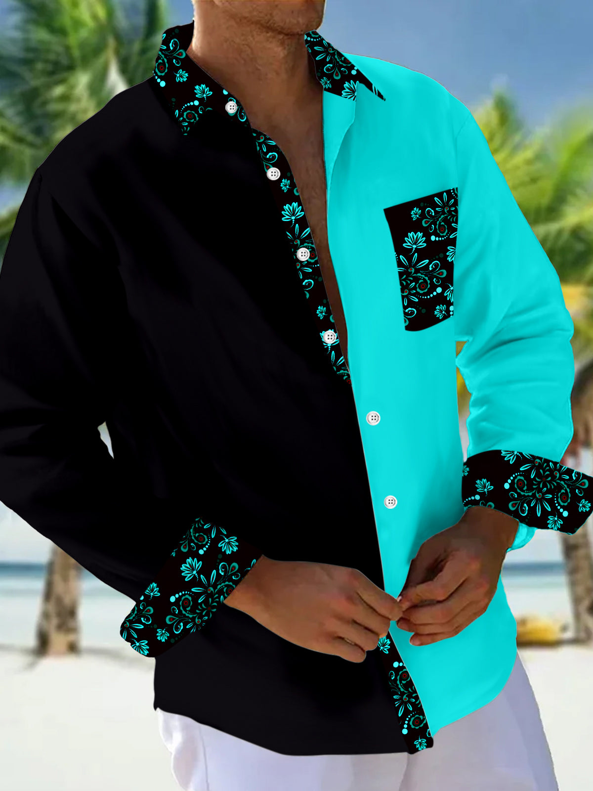 Color Block Floral Men's Pocket Long Sleeve Shirts
